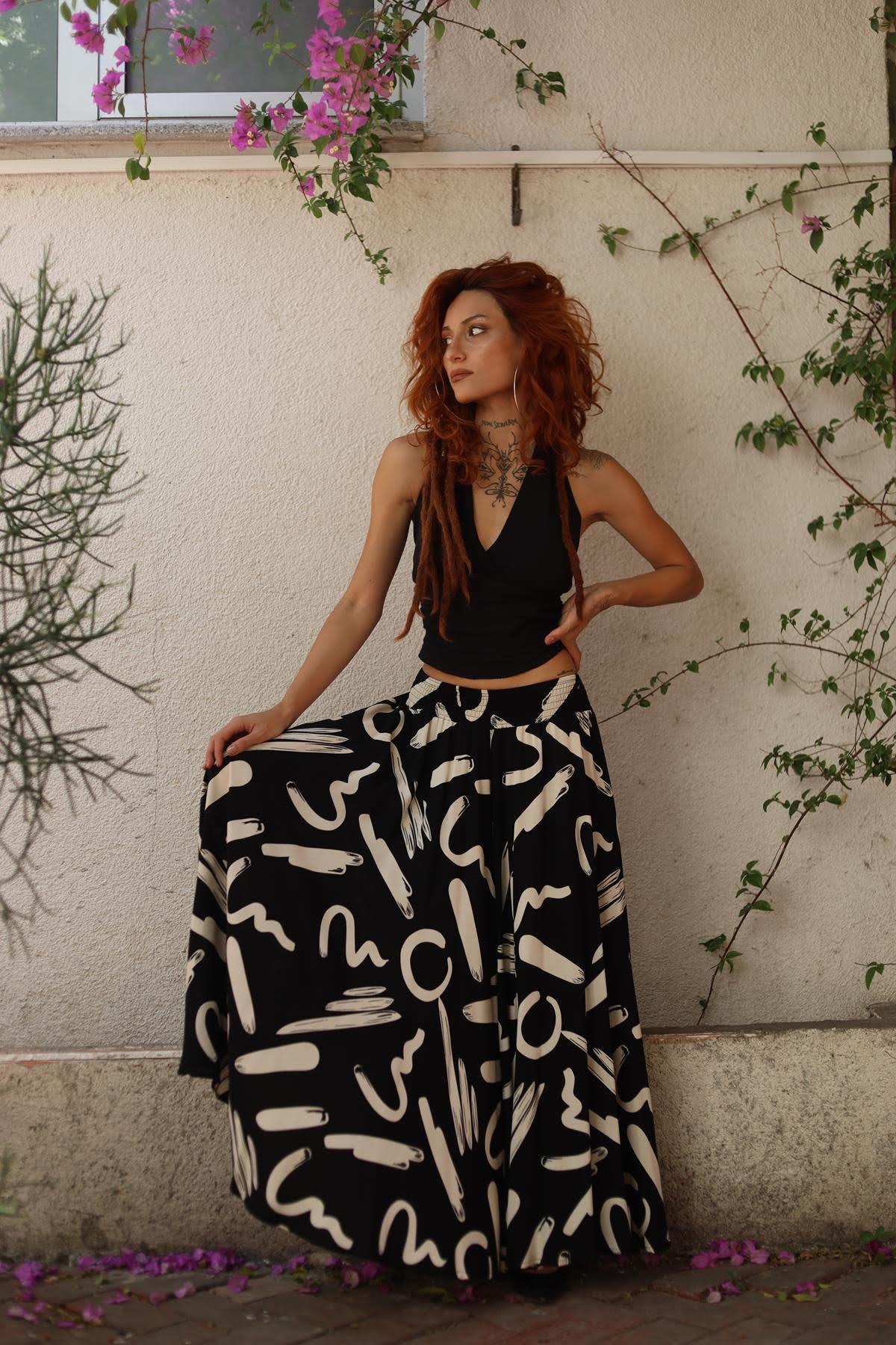 Siyah Desenli Beli Gipeli Bol Paça Salaş Pantolon