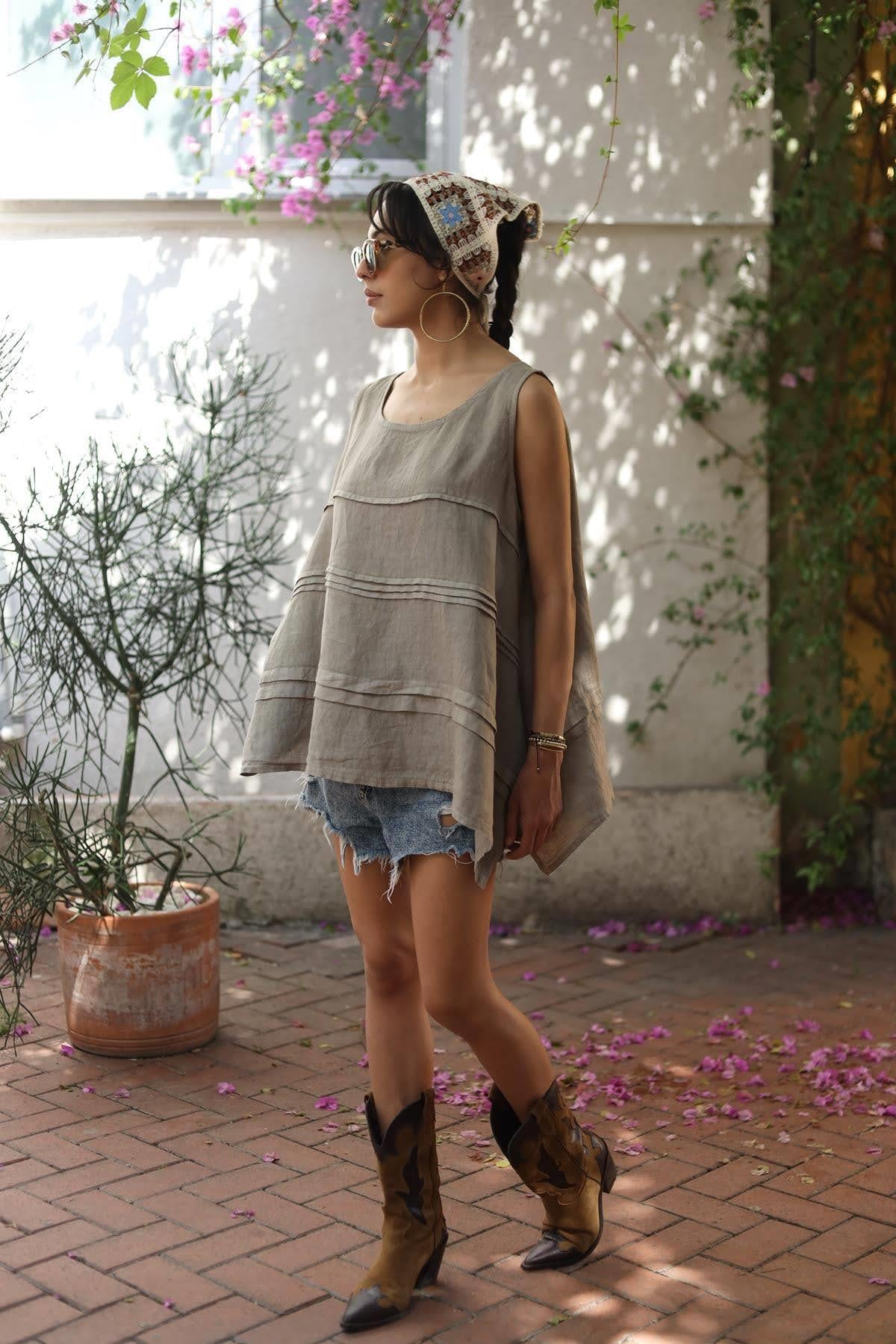 Vizon Rengi Askılı Kat Kat Keten Bluz