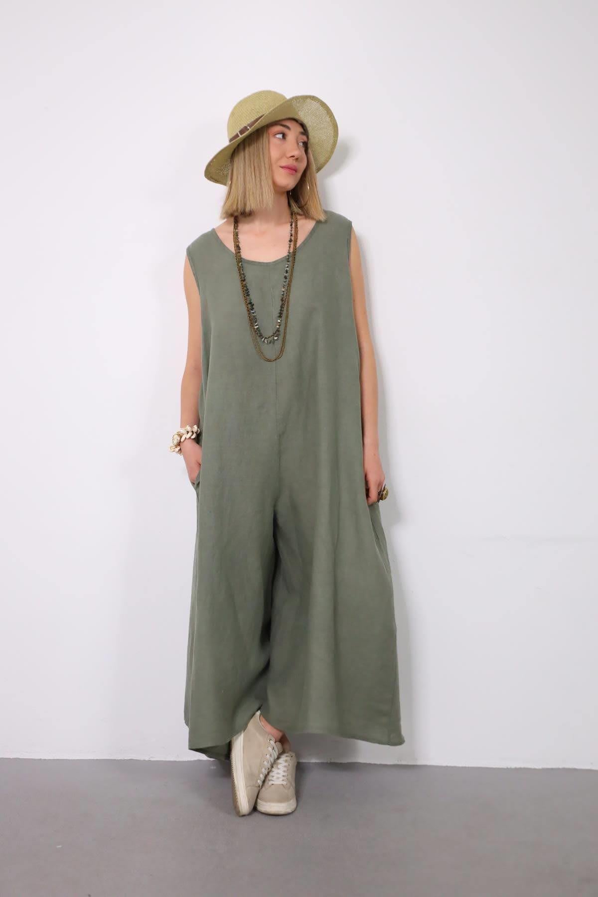 Haki Sırtı Düğmeli Düşük Ağlı Keten Tulum - Şaman Butik Haki Sırtı Düğmeli Düşük Ağlı Keten Tulum