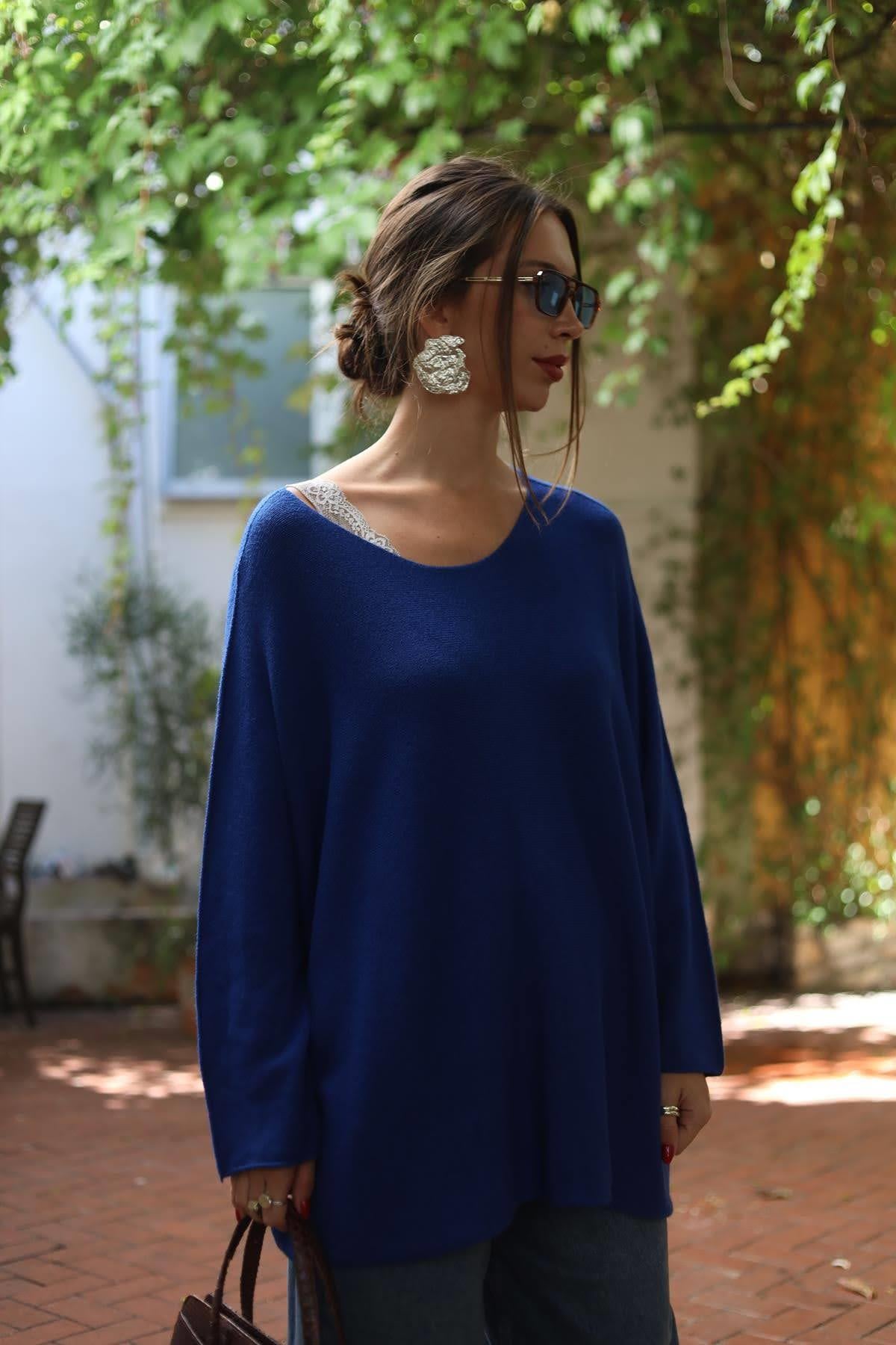 Saks Mavisi Bisiklet Yaka Dikişsiz Kazak