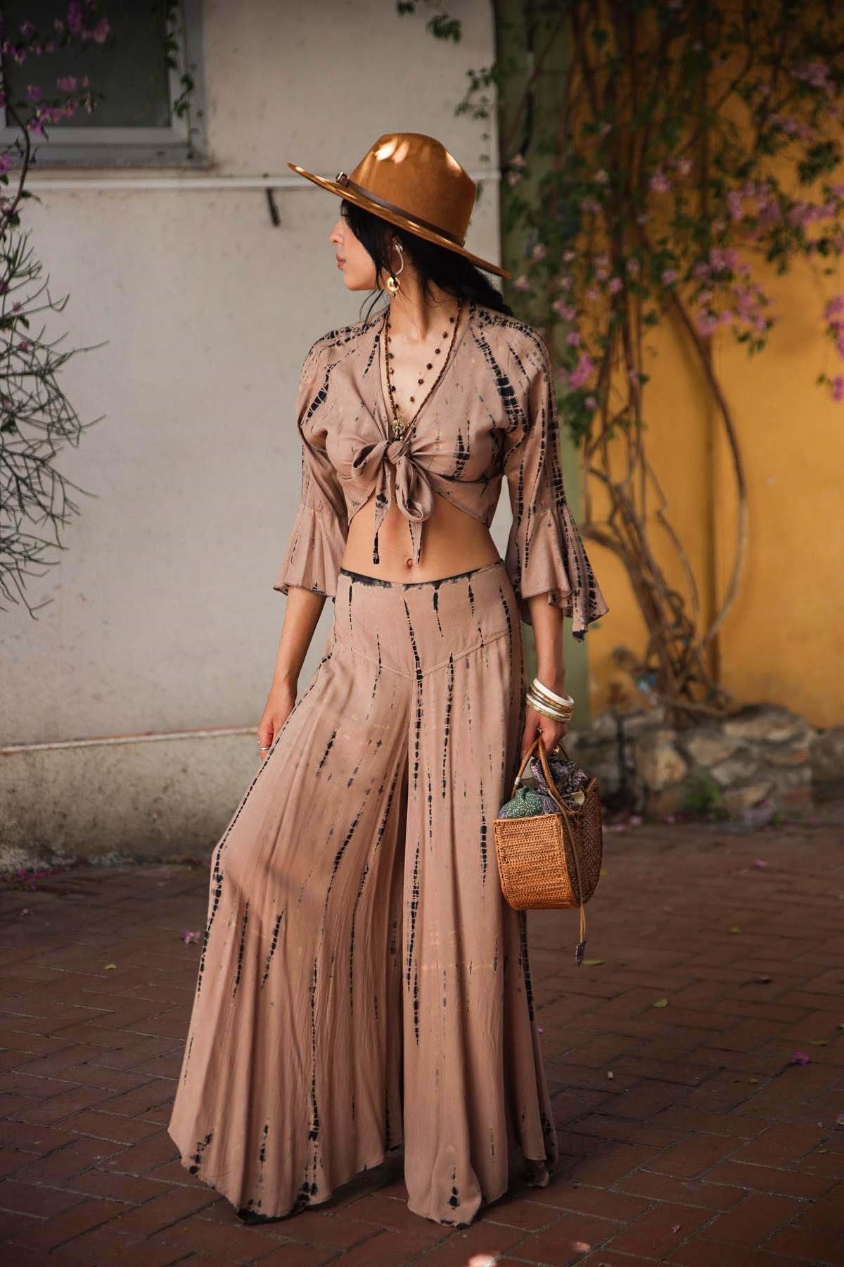 Bej Batikli Bolero ve Pantolon Takım