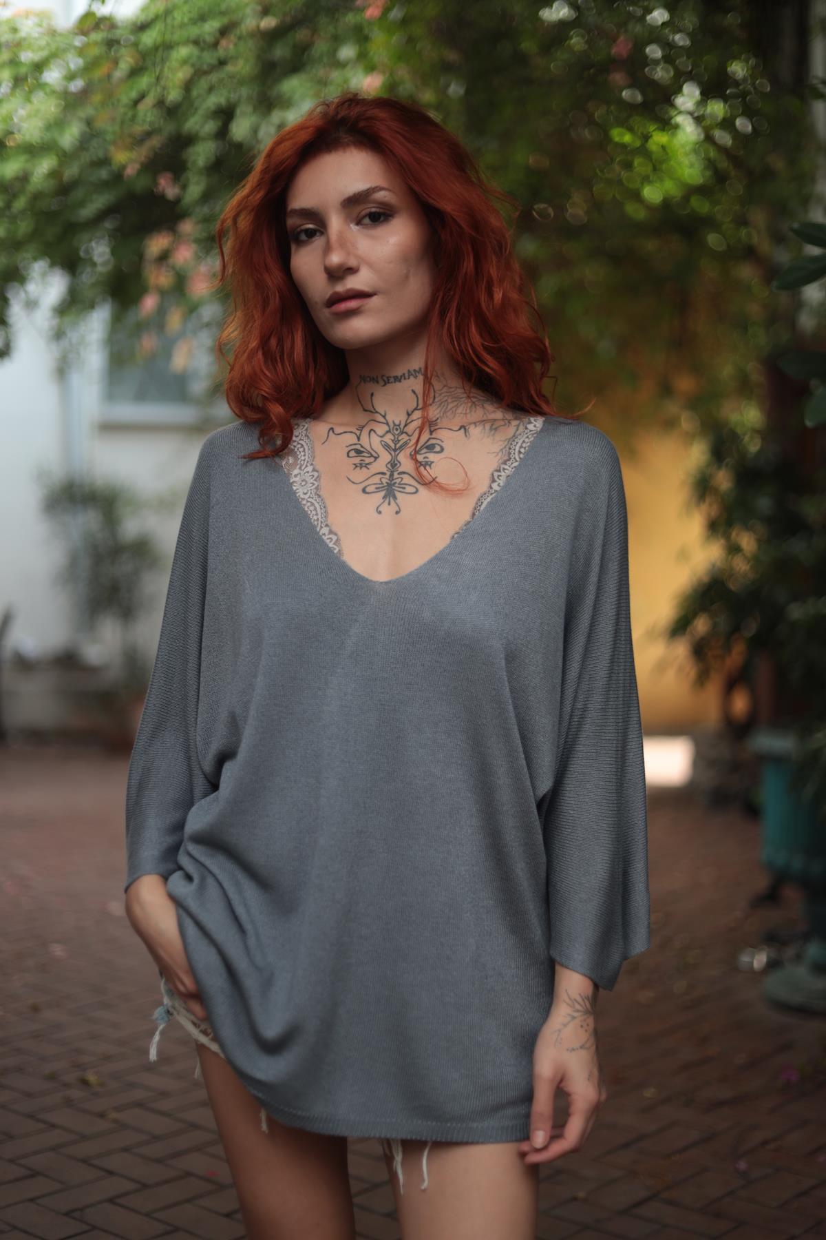 Füme Rengi V Yaka Modal Bluz