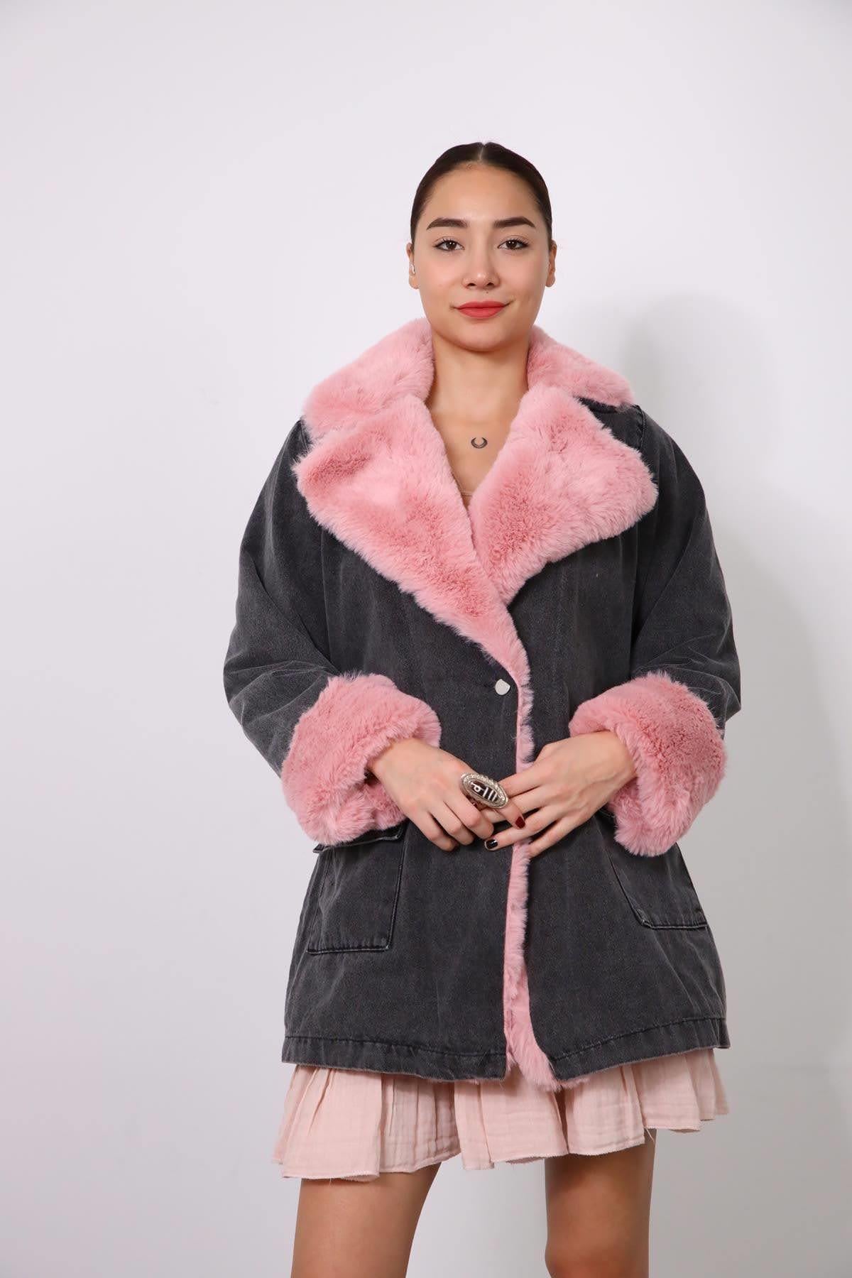 Antrasit Pembe Kürklü Kot Ceket - Şaman Butik Antrasit Pembe Kürklü Kot Ceket