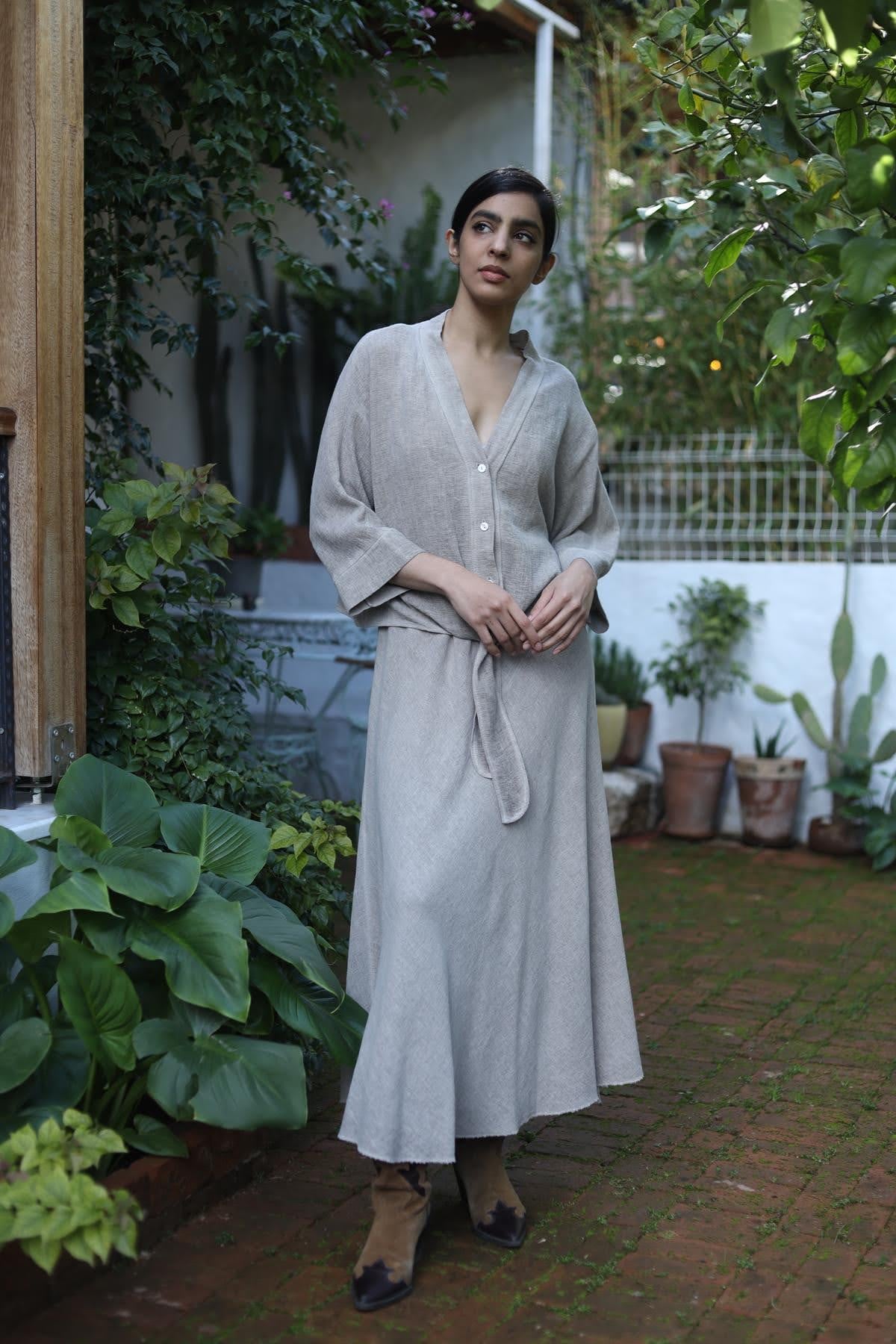 Vizon Rengi Gömlekli Soft Keten Elbise