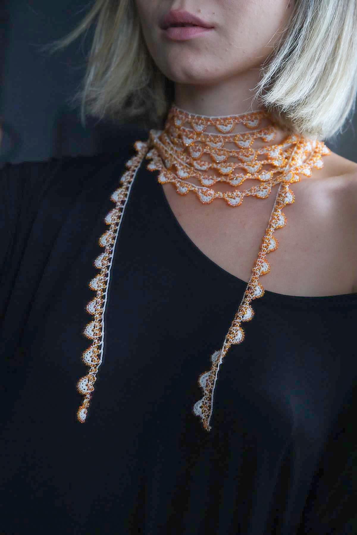 El Örgüsü Turuncu Cam Tasarım Uzun Kolye - Şaman Butik El Örgüsü Turuncu Cam Tasarım Uzun Kolye