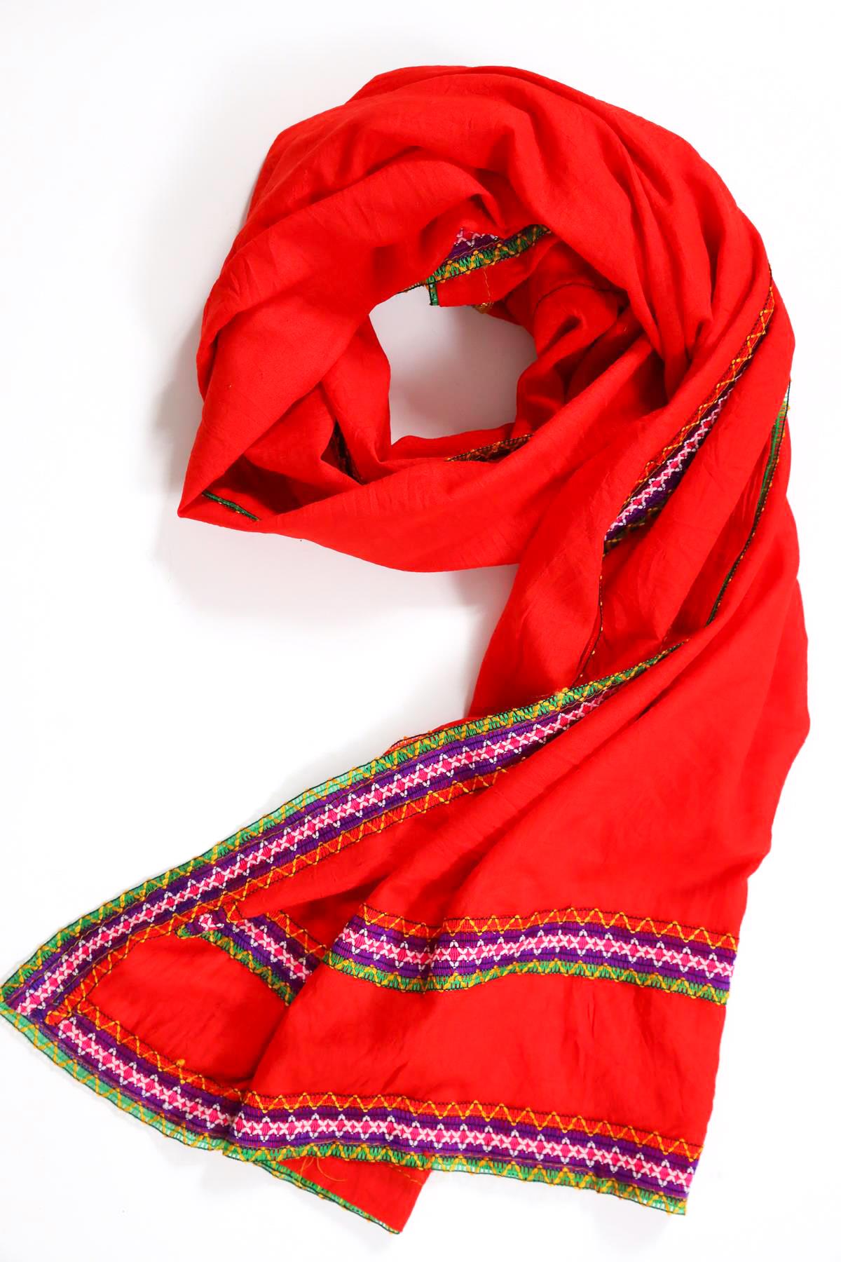 Kırmızı Bordür Detaylı Pamuk Şal - Şaman Butik Kırmızı Bordür Detaylı Pamuk Şal
