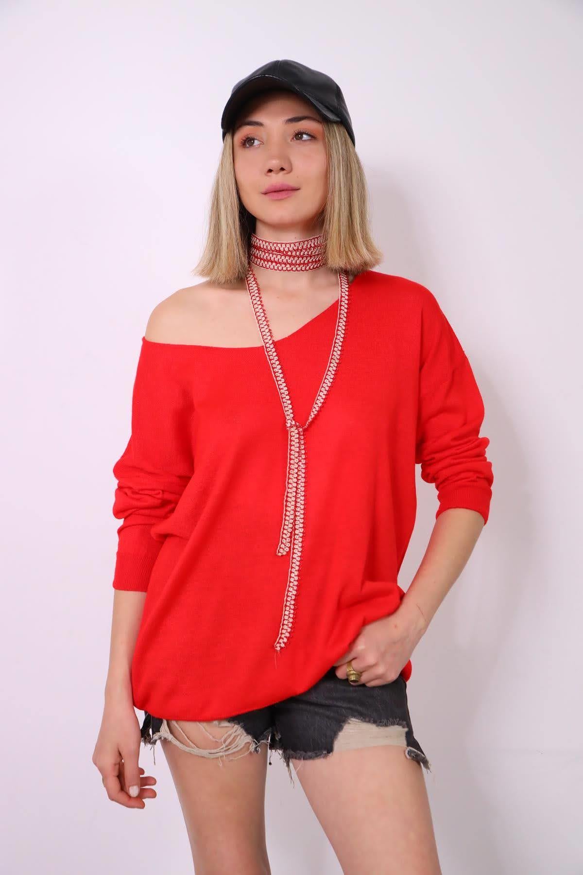 Kırmızı V Yaka Triko Kazak - Şaman Butik Kırmızı V Yaka Triko Kazak