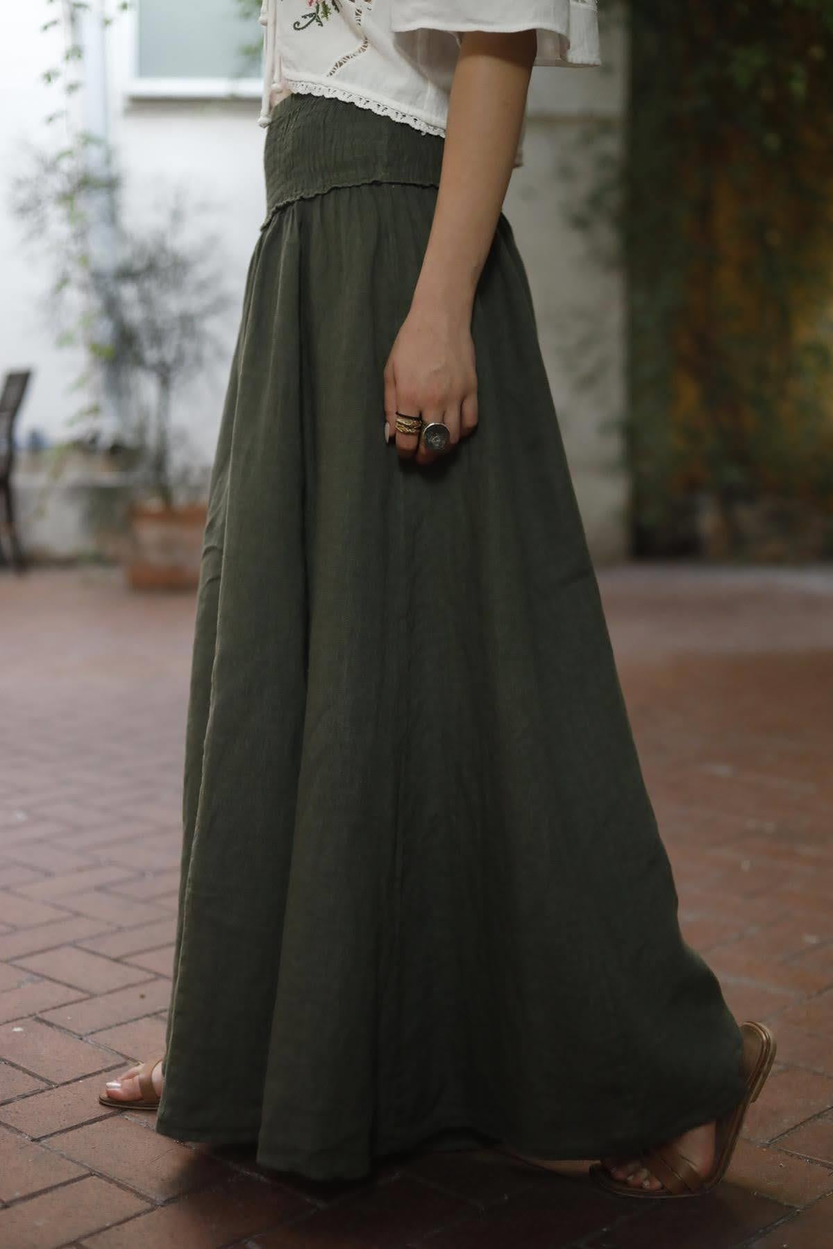 Haki Beli Gipeli Dikiş Detaylı Keten Pantolon