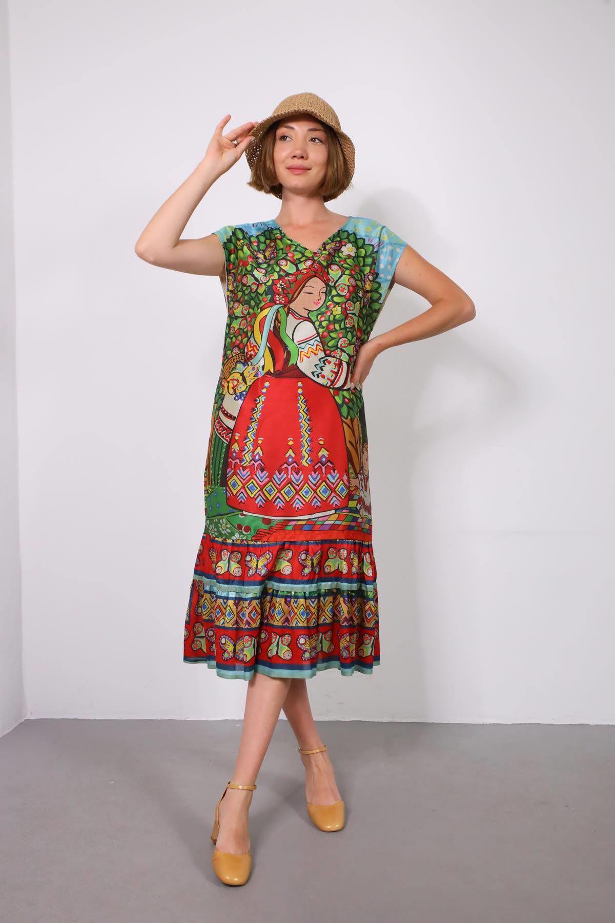 Renkli V Yaka Etnik Desenli İpek Elbise - Şaman Butik Renkli V Yaka Etnik Desenli İpek Elbise