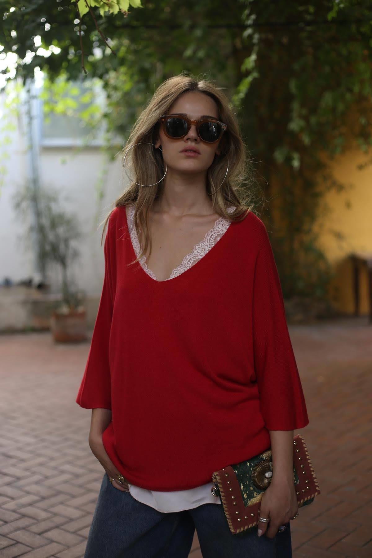 Bordo V Yaka Modal Bluz