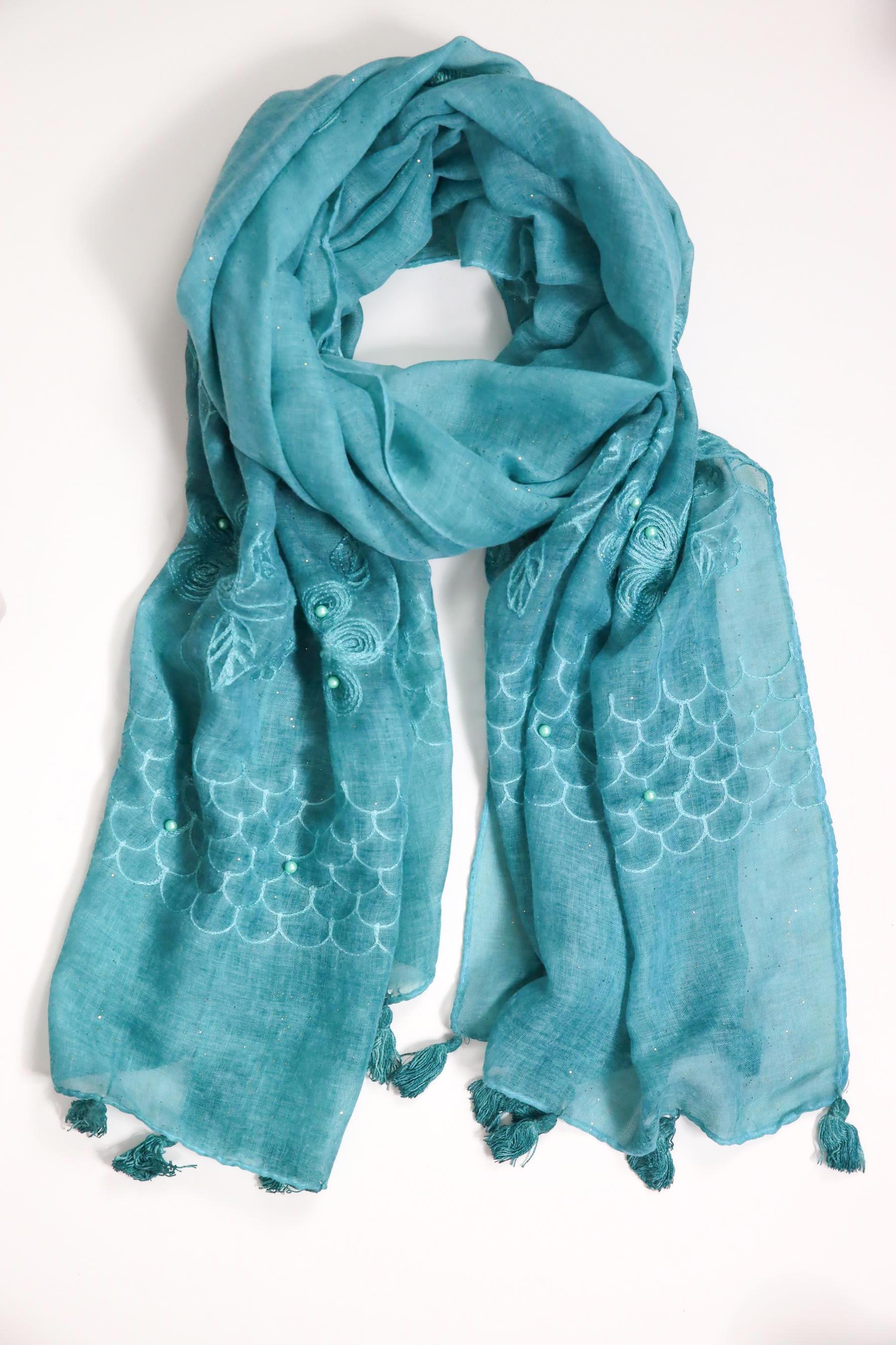 Turkuaz Simli İnci İşlemeli Şal- Şaman Butik Turkuaz Simli İnci İşlemeli Şal