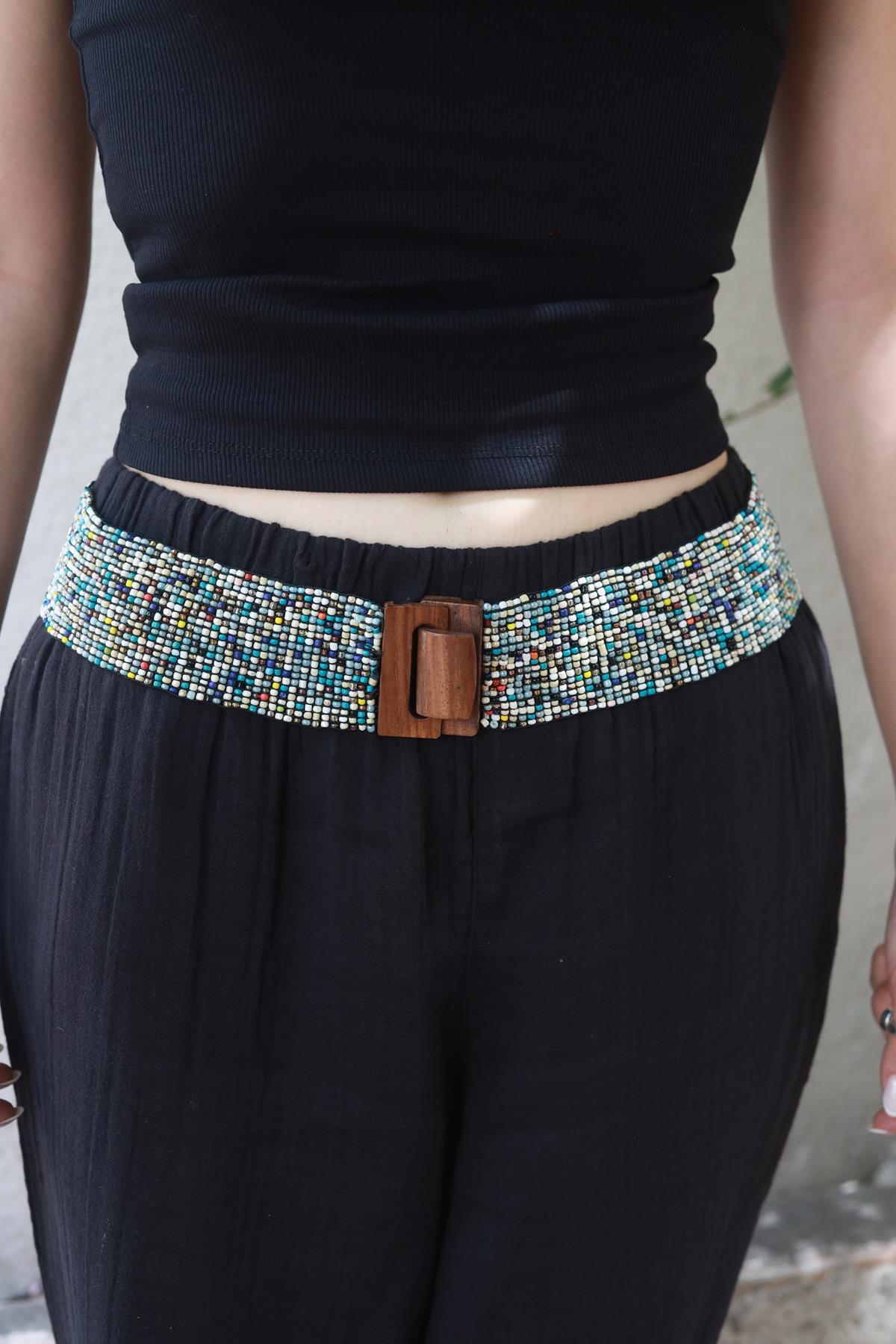Turquoise Wooden Buckle Detailed Beaded Elastic Belt
