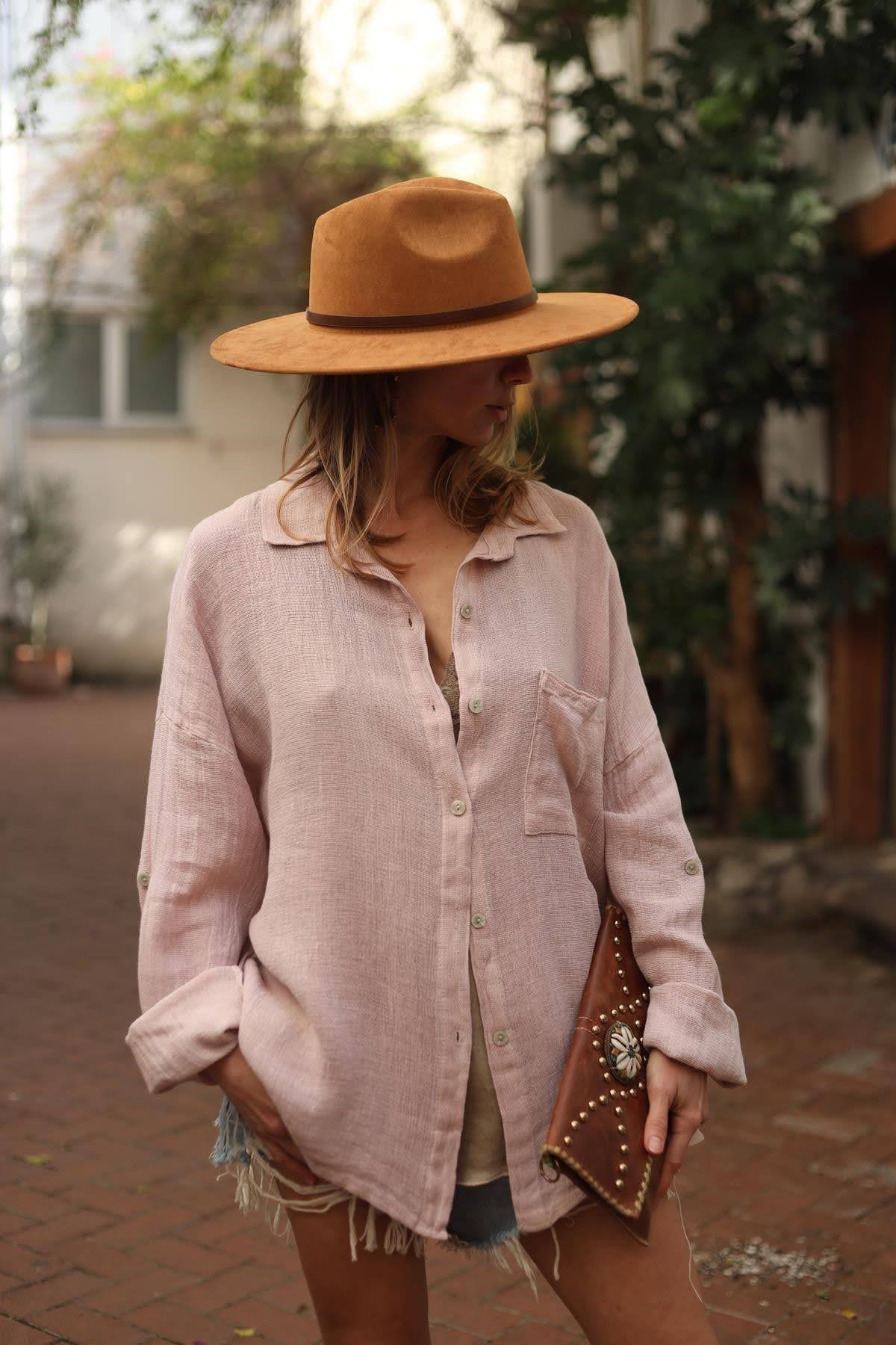 Pudra Pembe Tek Cepli Soft Keten Gömlek