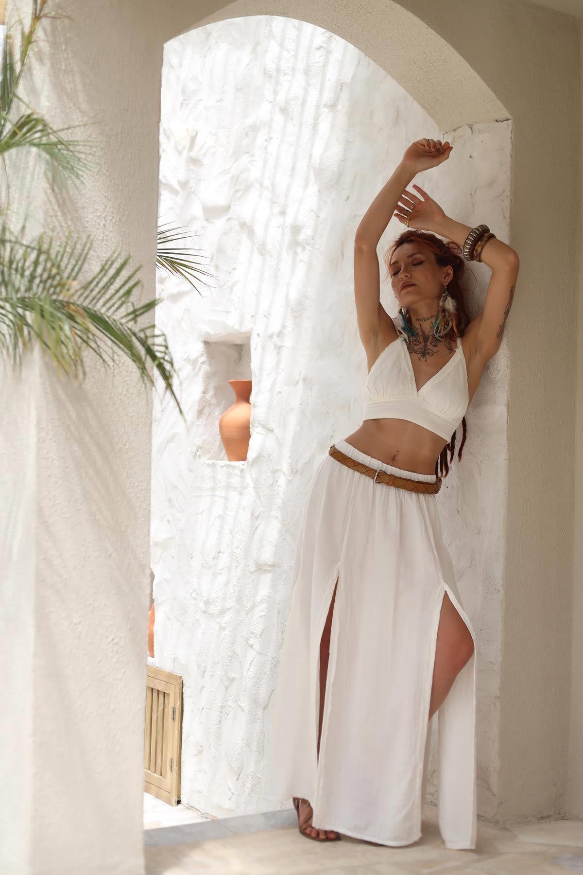 White Tassel Slit Skirt