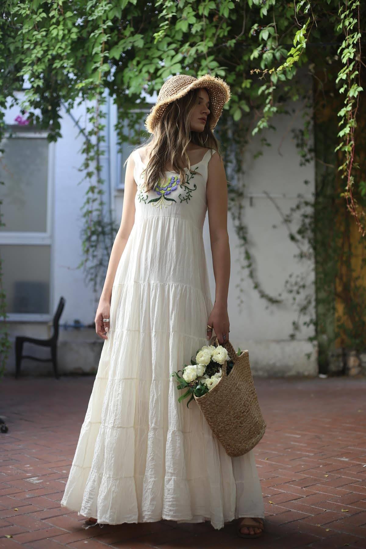 Ecru Embroidered Strappy Bohemian Dress