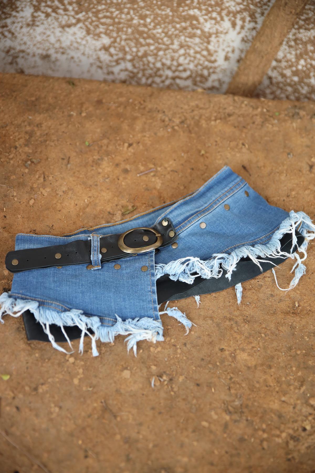 Black Denim Detailed Leather Belt