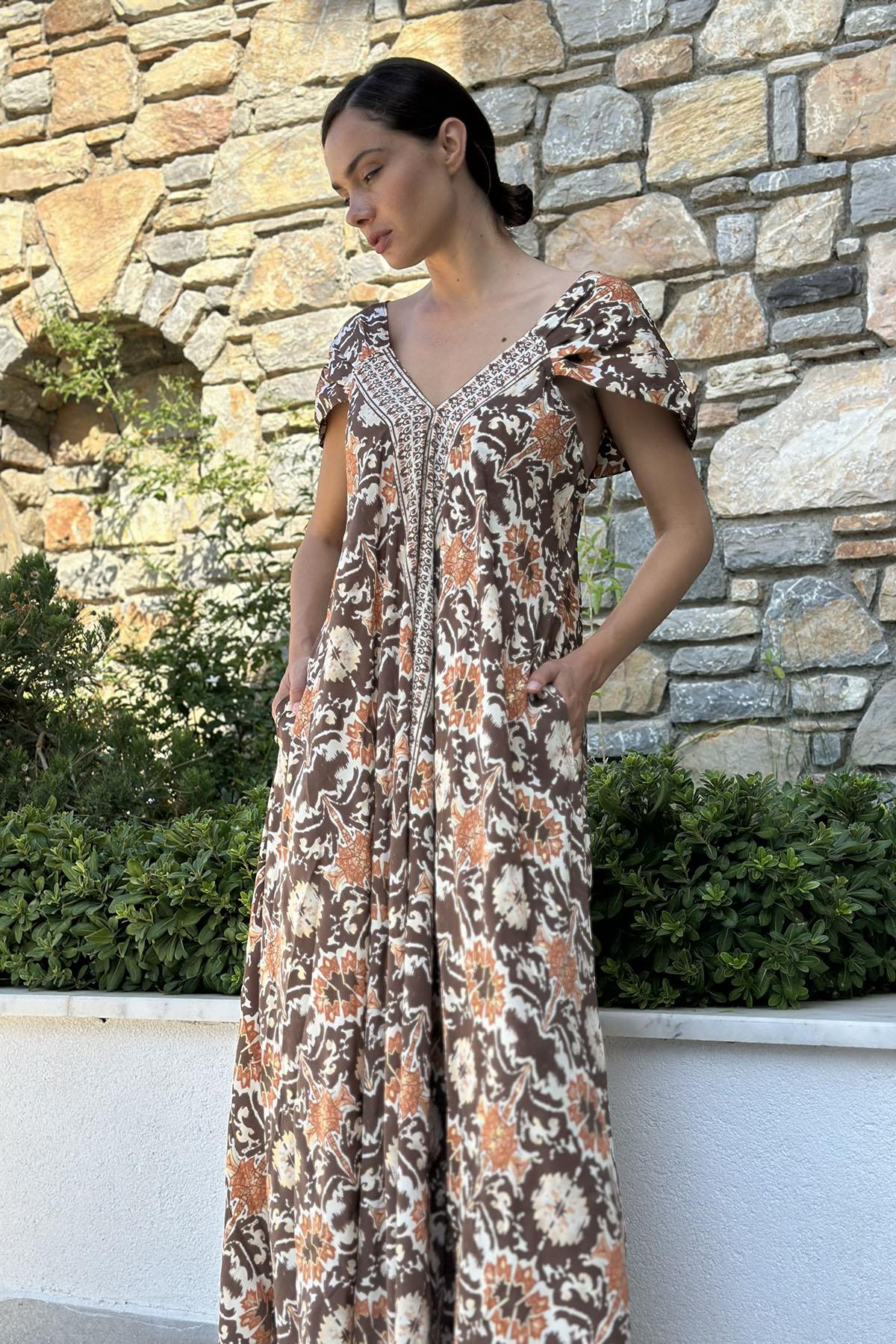 Brown Patterned V Neck Strappy Dress