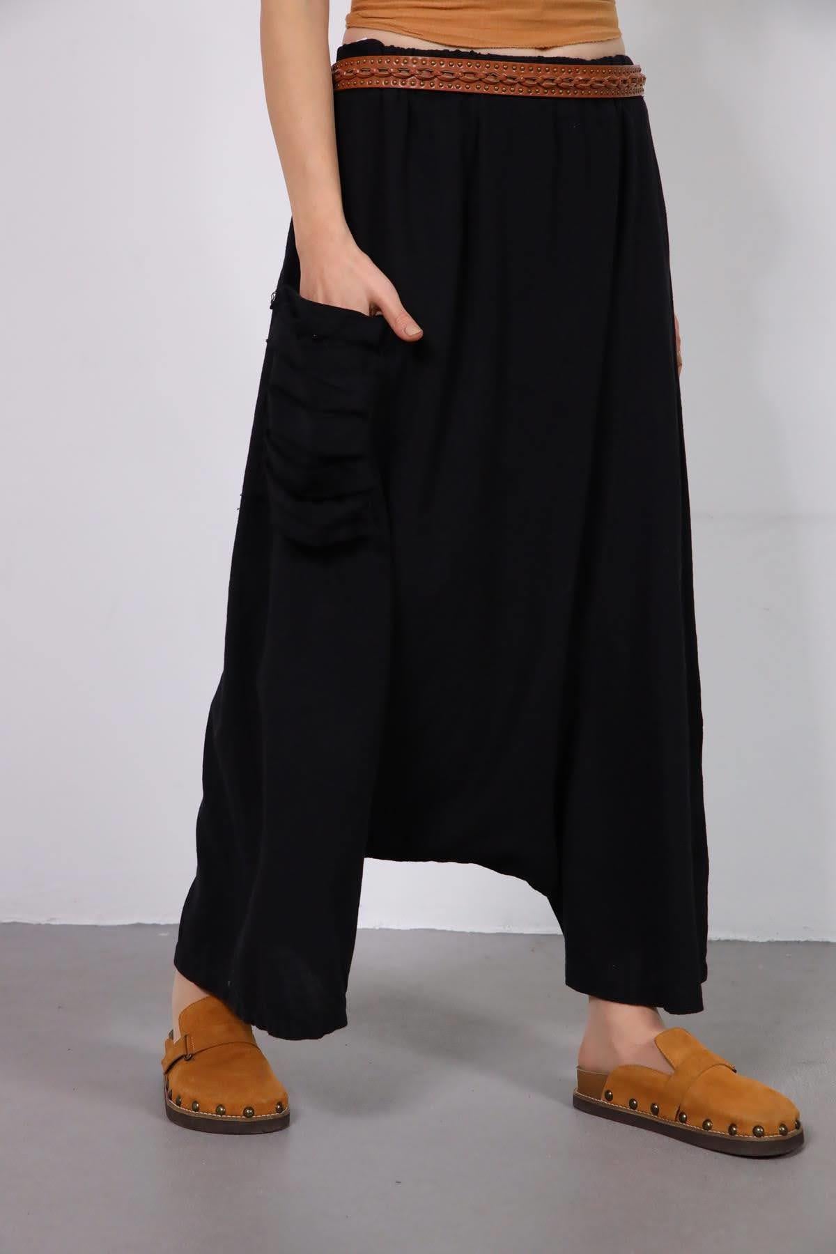 Siyah Cebi Yırtık Detaylı Keten Şalvar - Şaman Butik Siyah Cebi Yırtık Detaylı Keten Şalvar