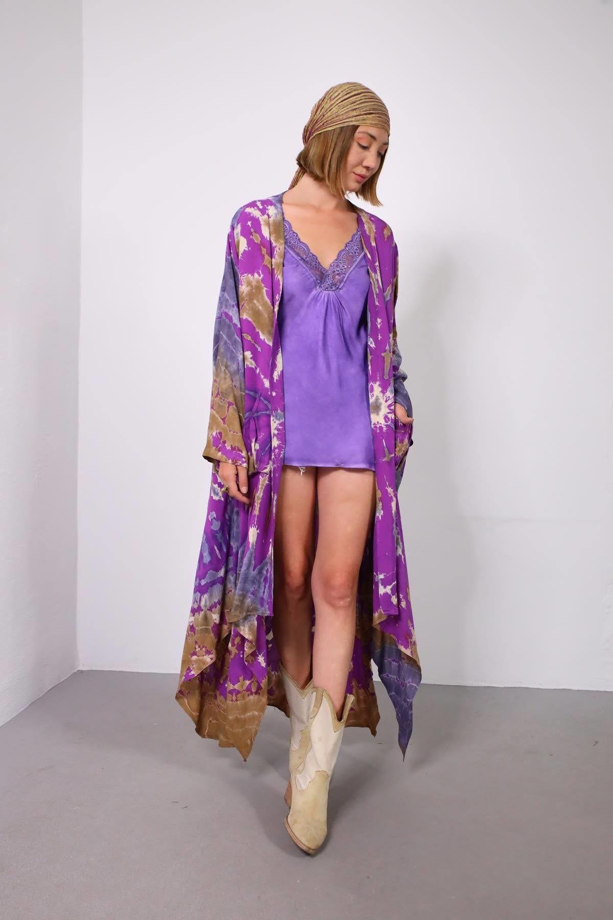  Mor Batik Desenli Cep Detay Kaftan