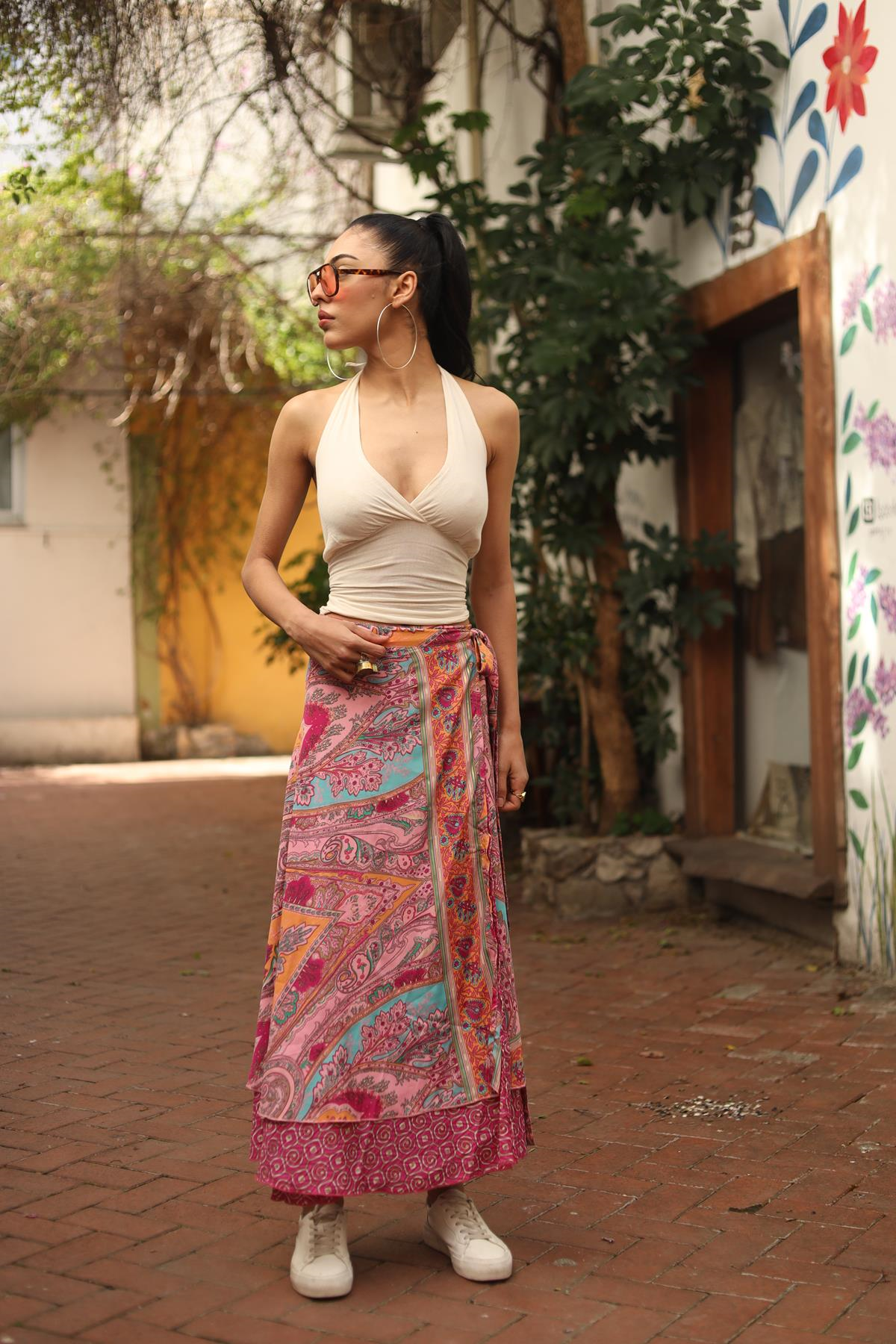 Pembe Çift Taraflı İpek Anvelop Etek