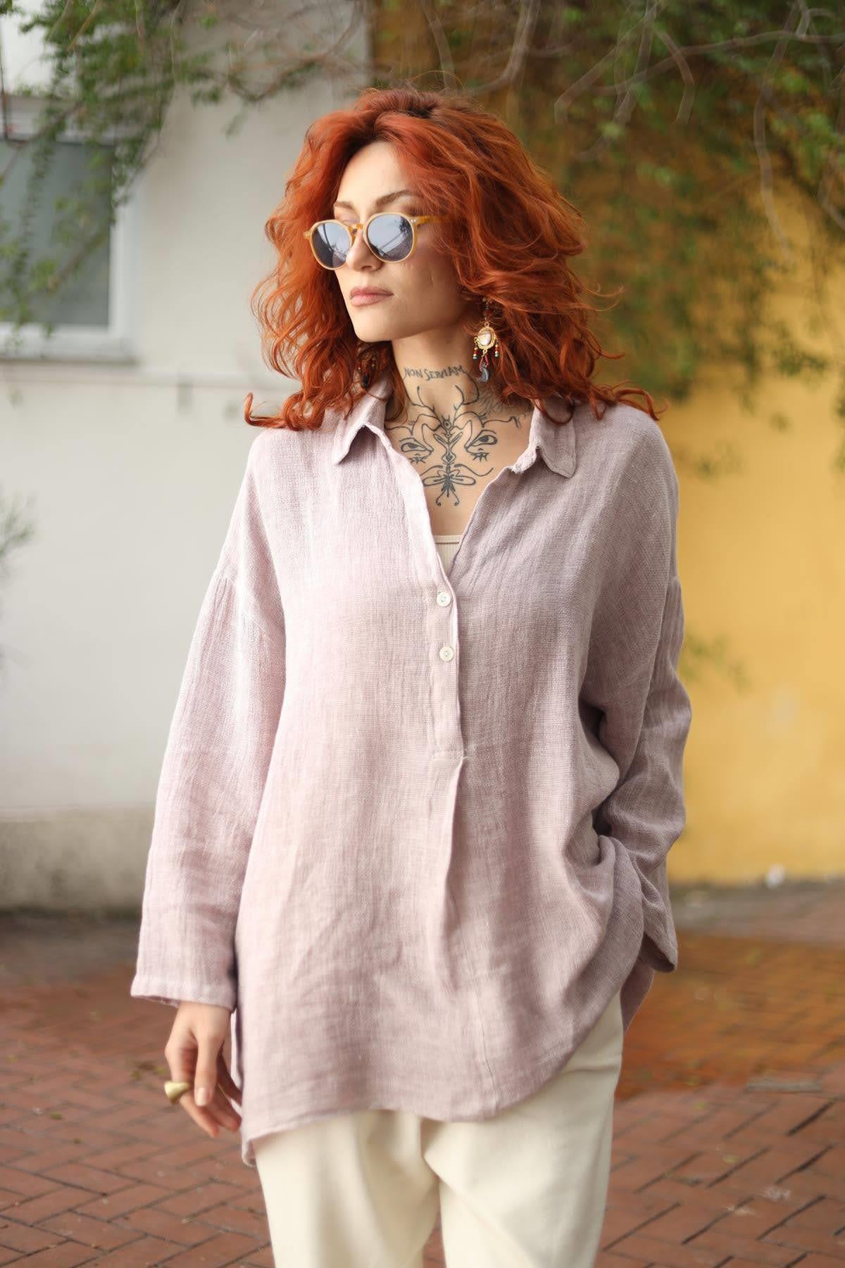 Pudra Pembe Gömlek Yaka Önü Pileli Keten Bluz