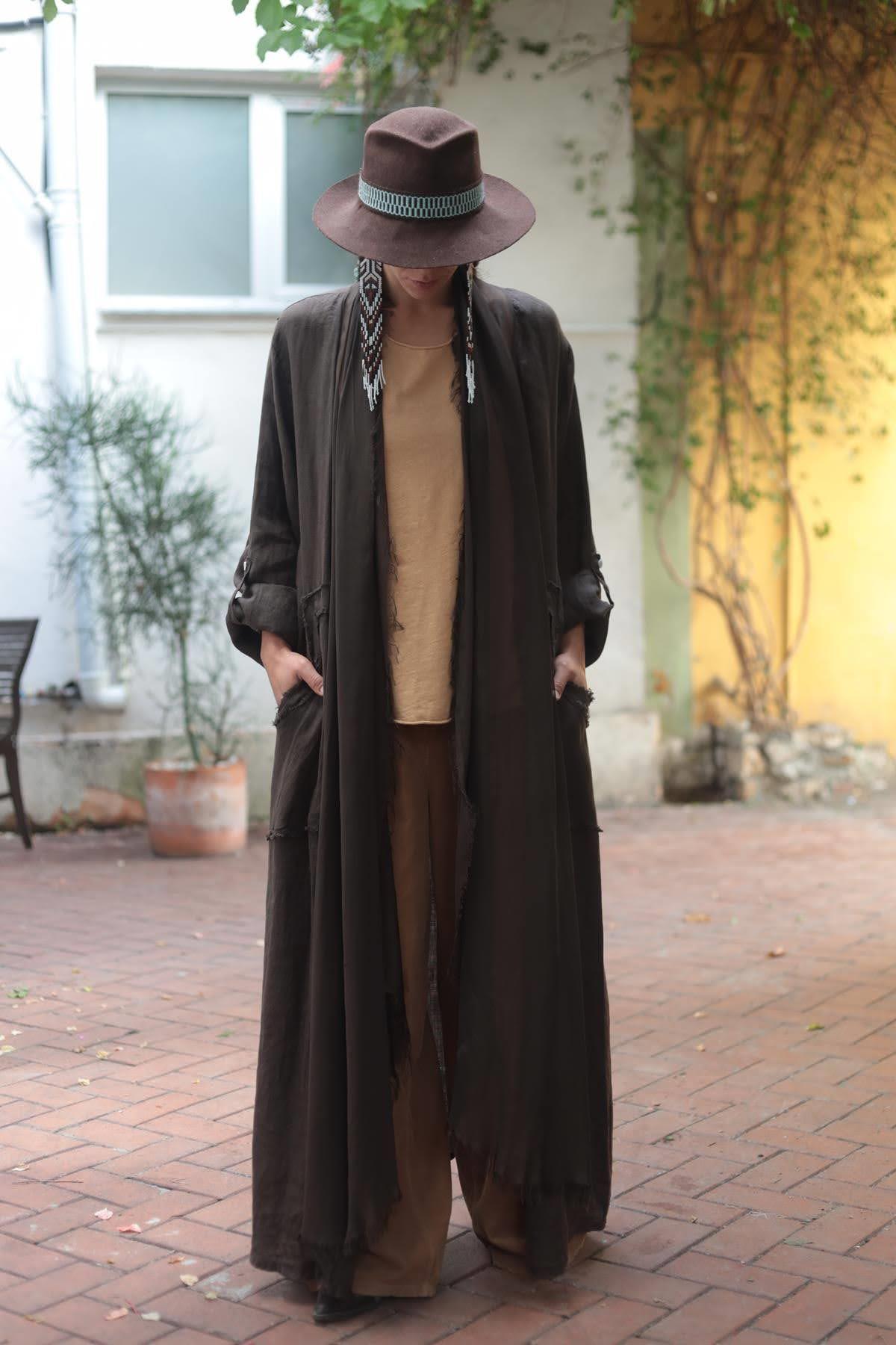 Dark Brown Fringed Linen Caftan