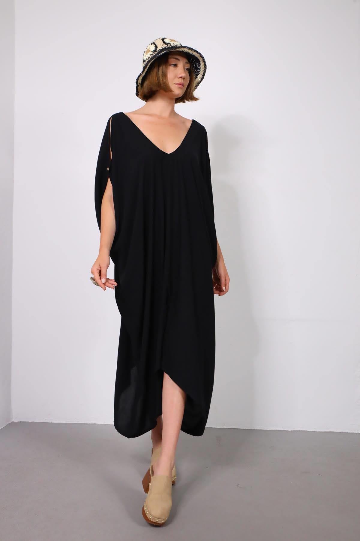 Black Front & Back V Neck Asiye Dress - Şaman Butik | Boho Fashion Black Front & Back V Neck Asiye Dress