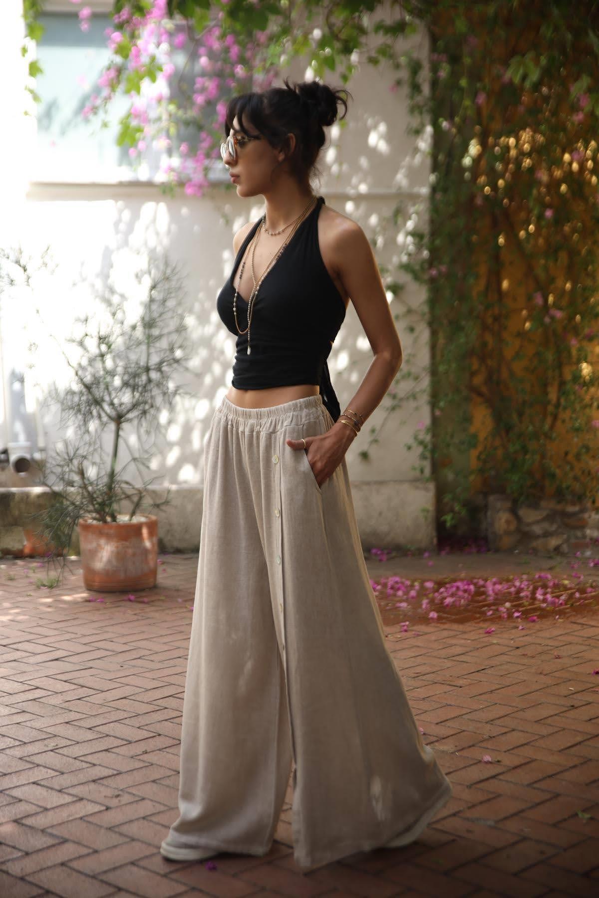 Vizon Rengi Düğme Detaylı Soft Keten Pantolon