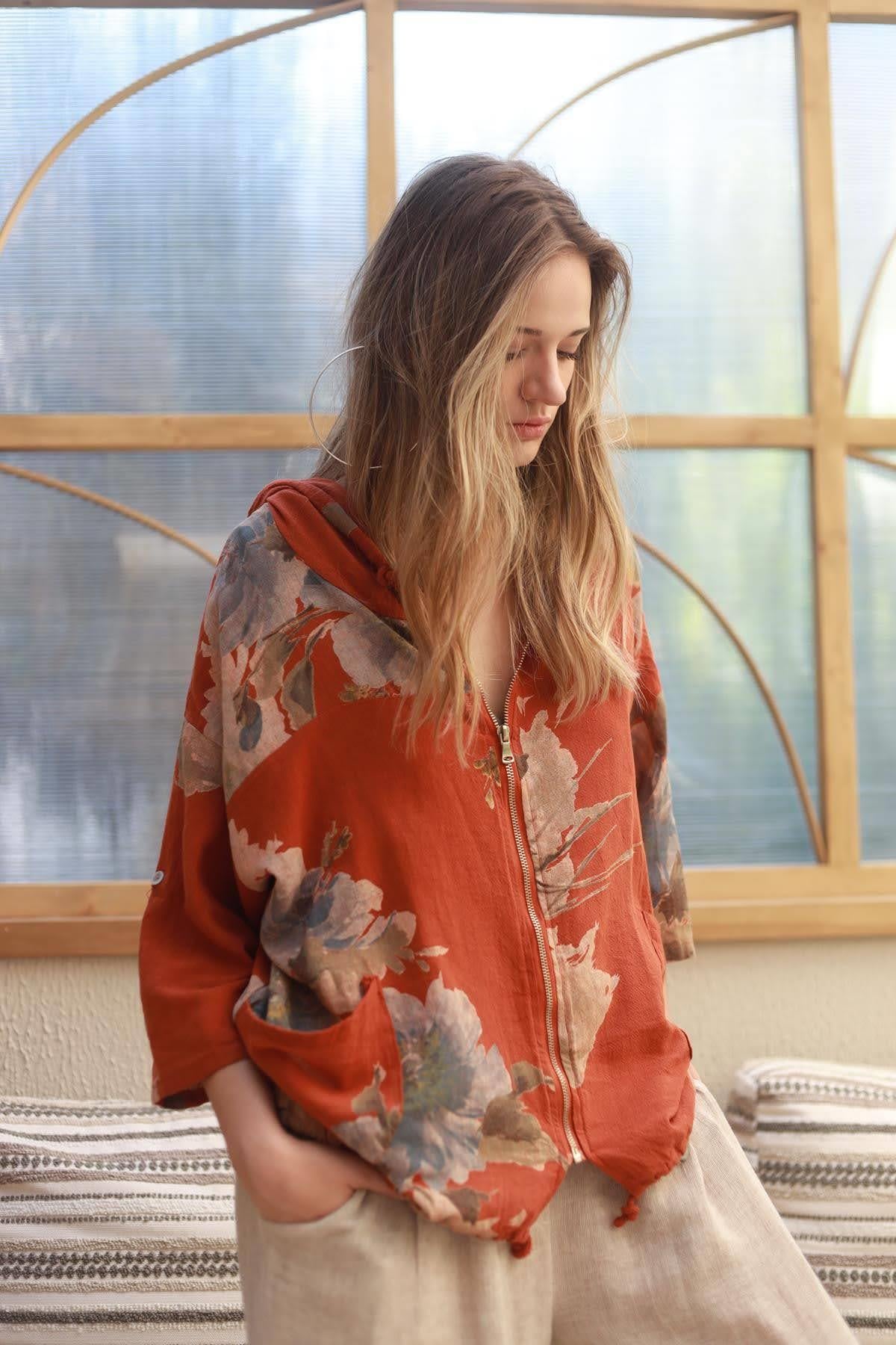 Kiremit Rengi Fermuarlı Kapüşonlu Ceket