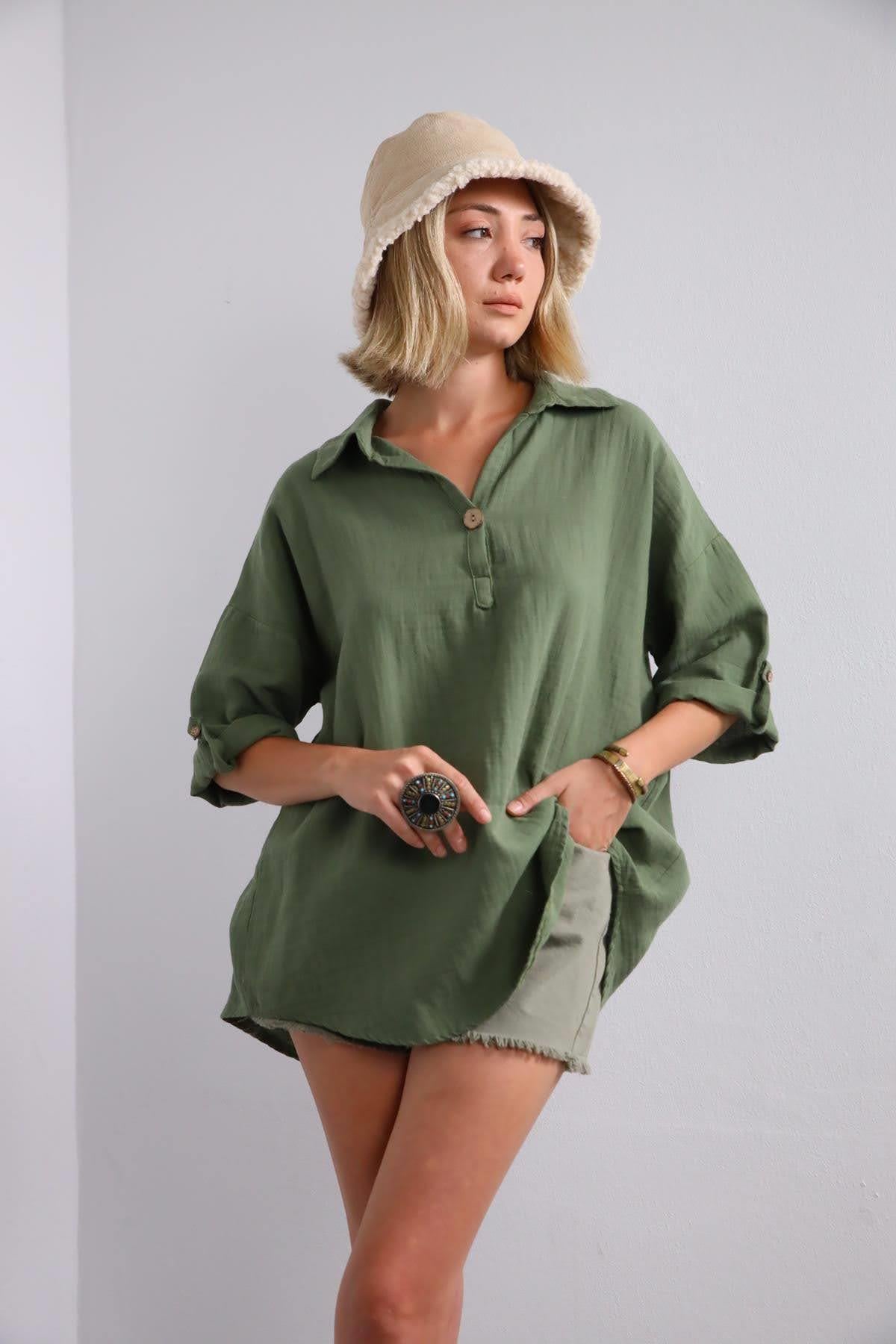 Haki Müslin Tek Düğmeli Gömlek - Şaman Butik Haki Müslin Tek Düğmeli Gömlek