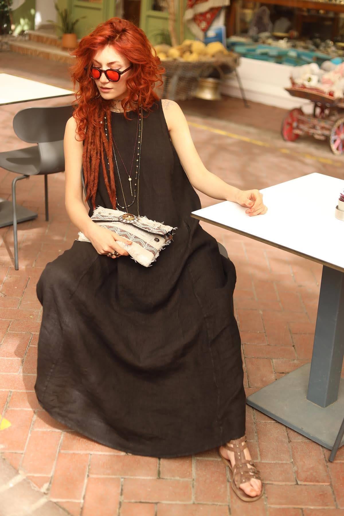 Siyah Bisiklet Yaka Cepli Kolsuz Keten Elbise