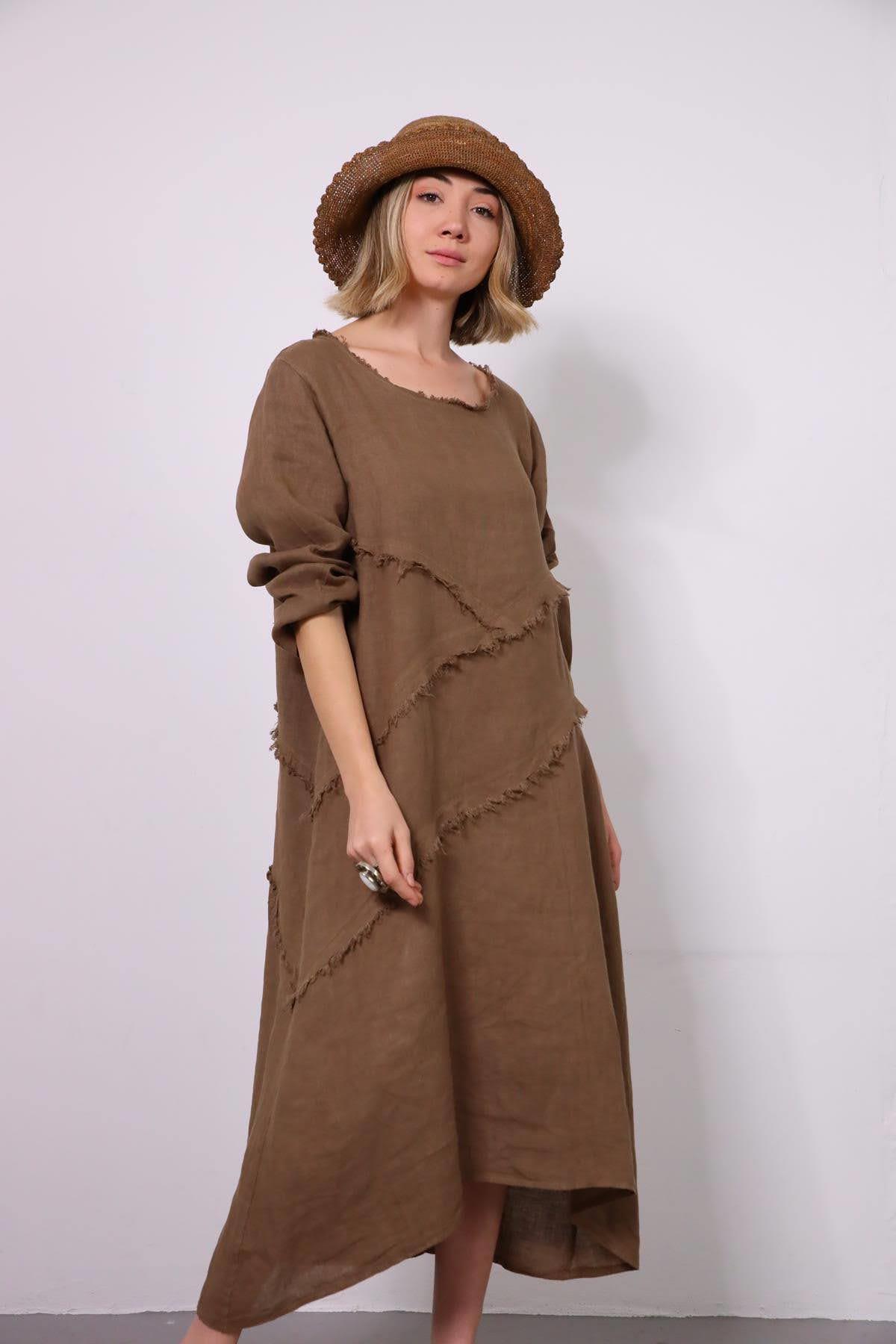 Toprak Rengi Yakası Püsküllü Dikiş Detaylı Keten Elbise - Şaman Butik Toprak Rengi Yakası Püsküllü Dikiş Detaylı Keten Elbise