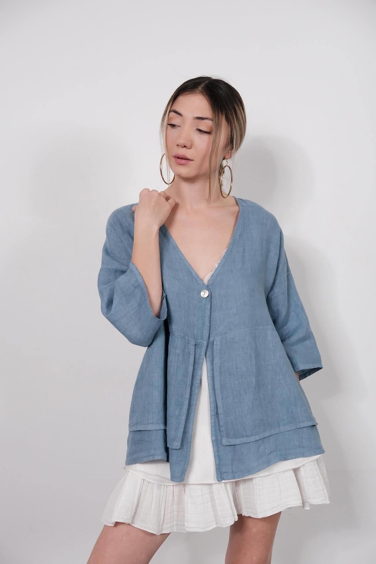 İndigo Mavi Önü Parça Detaylı Tek Düğmeli Keten Ceket - Şaman Butik İndigo Mavi Önü Parça Detaylı Tek Düğmeli Keten Ceket