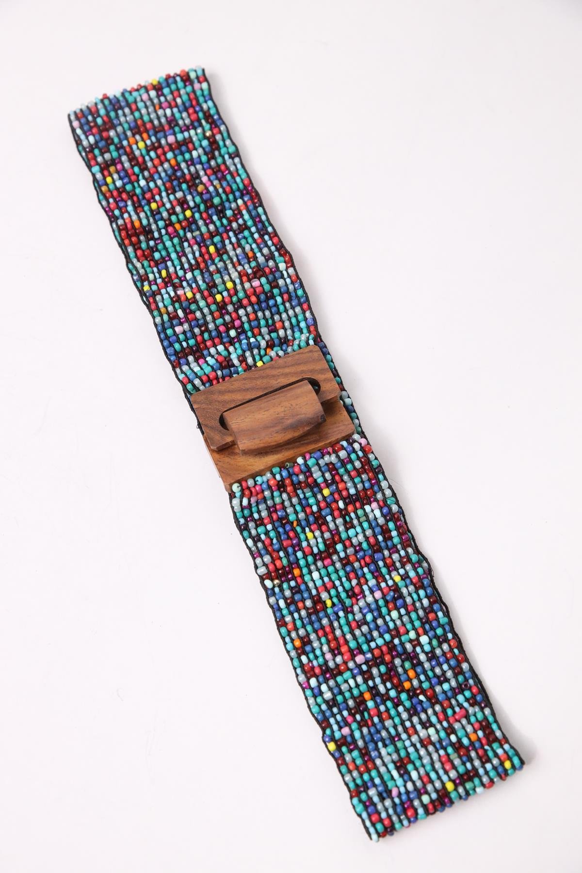 Turqouise Wooden Buckle Detailed Beaded Elastic Belt
