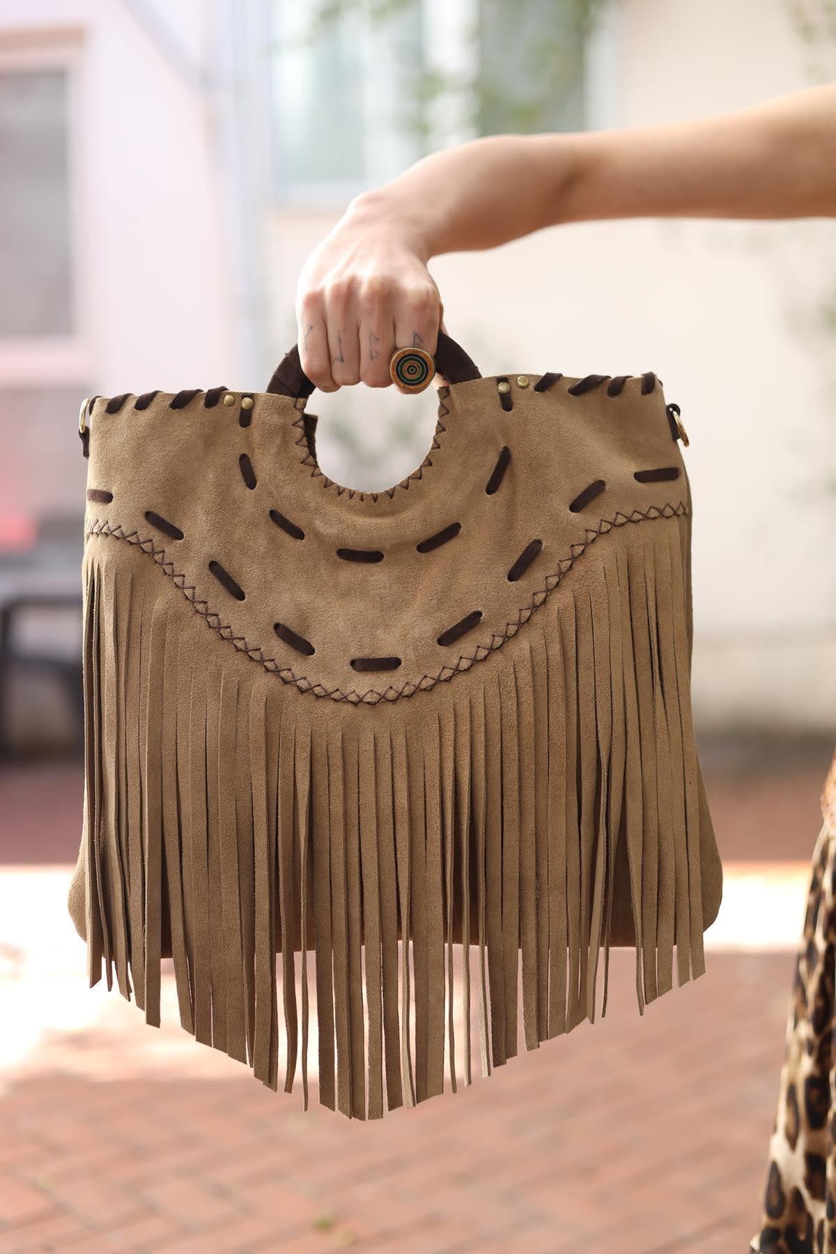 Beige Fringed Leather Bag