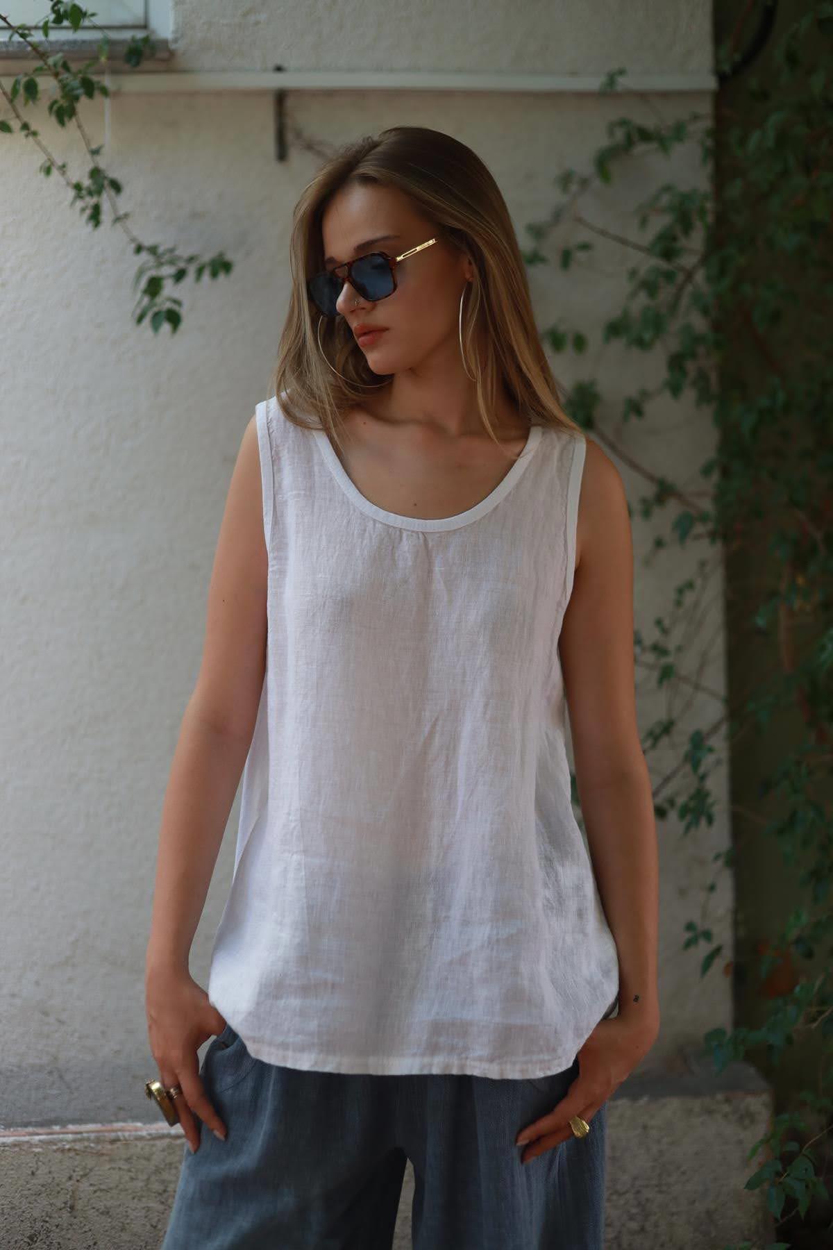 Beyaz Sıfır Kol Önü Keten Bluz