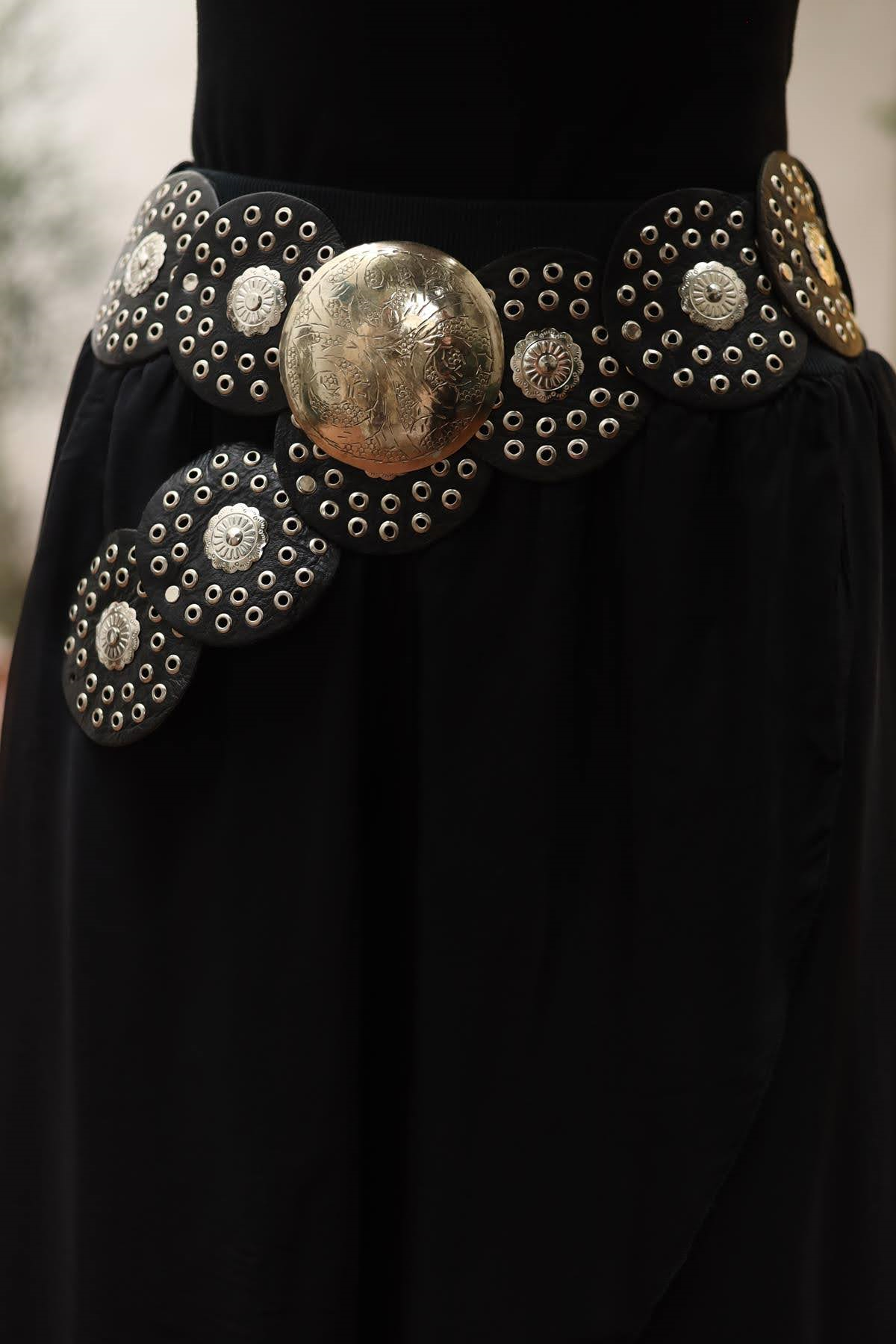 Black Studded Design Leather Belt