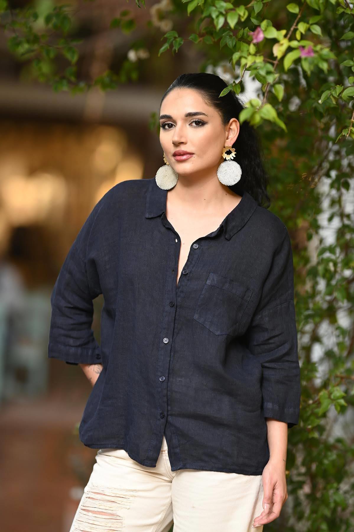 Navy Blue Back Ring Detailed Linen Shirt