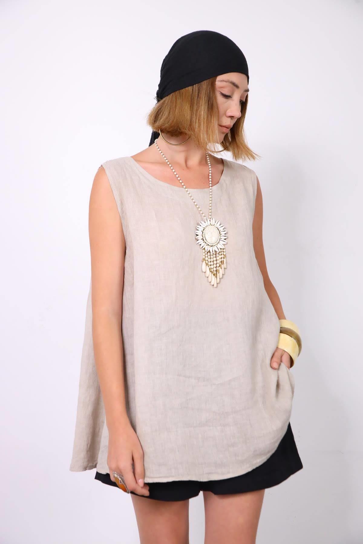 Krem Rengi Keten Arkası Bağlamalı Kolsuz Bluz - Şaman Butik Krem Rengi Keten Arkası Bağlamalı Kolsuz Bluz