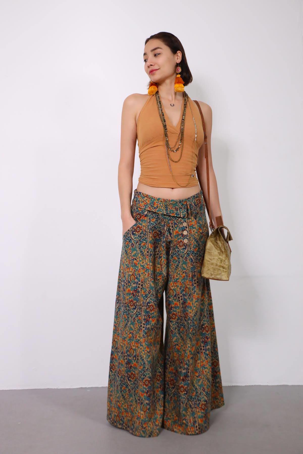 Mint Yeşili Desenli Düğmeli Bol Paça Pantolon - Şaman Butik Mint Yeşili Desenli Düğmeli Bol Paça Pantolon