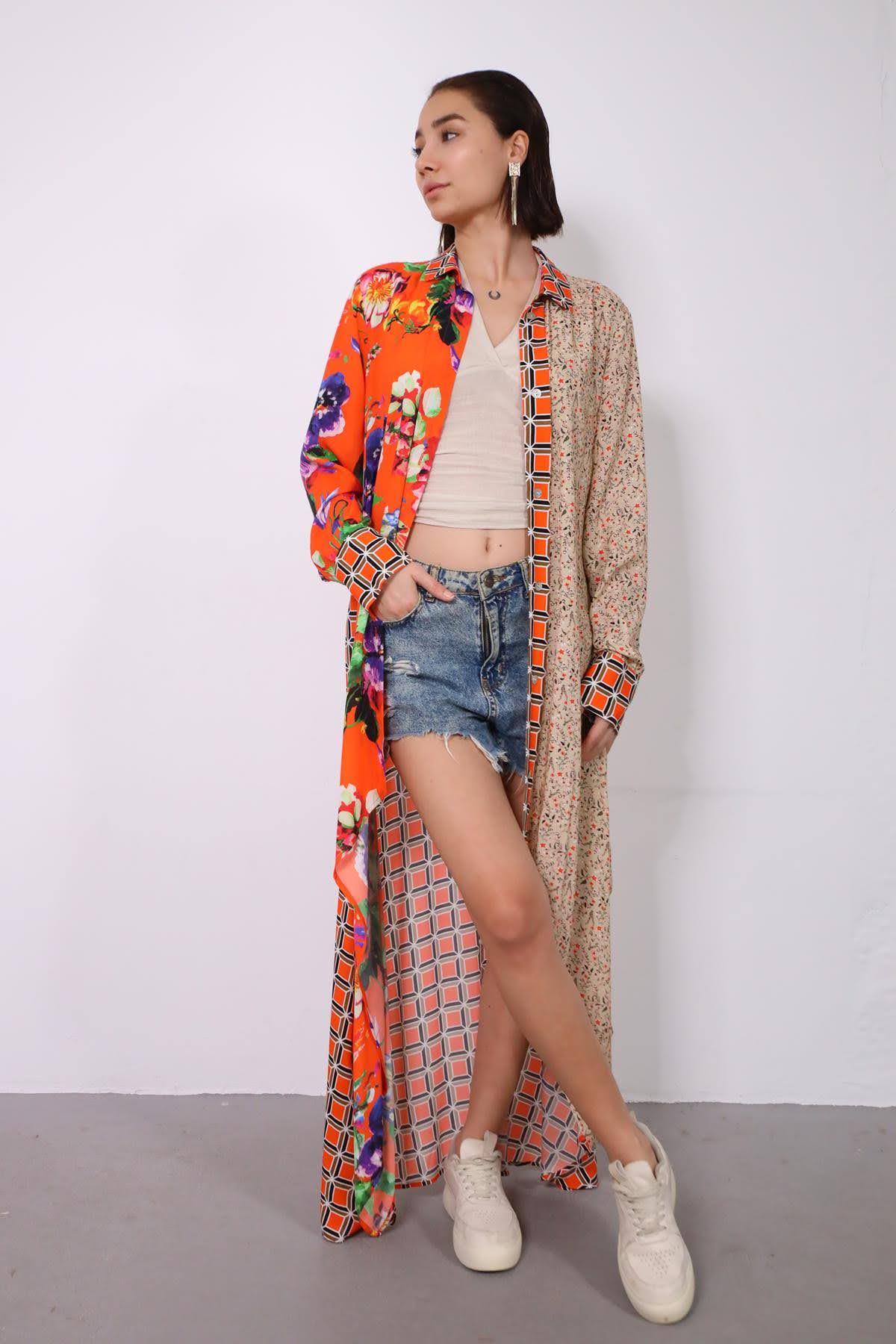 Turuncu Desenli Asimetrik Kesim Gömlek Elbise - Şaman Butik - Bohem Giyim ve Aksesuar | Kadın & Erkek Turuncu Desenli Asimetrik Kesim Gömlek Elbise