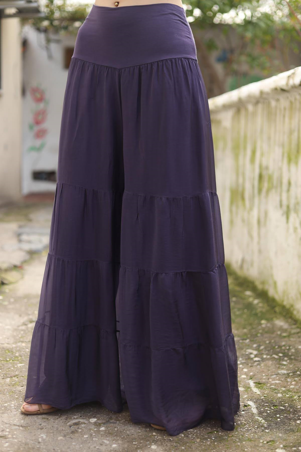 Mor Dikişli Bol Paça İpek Pantolon