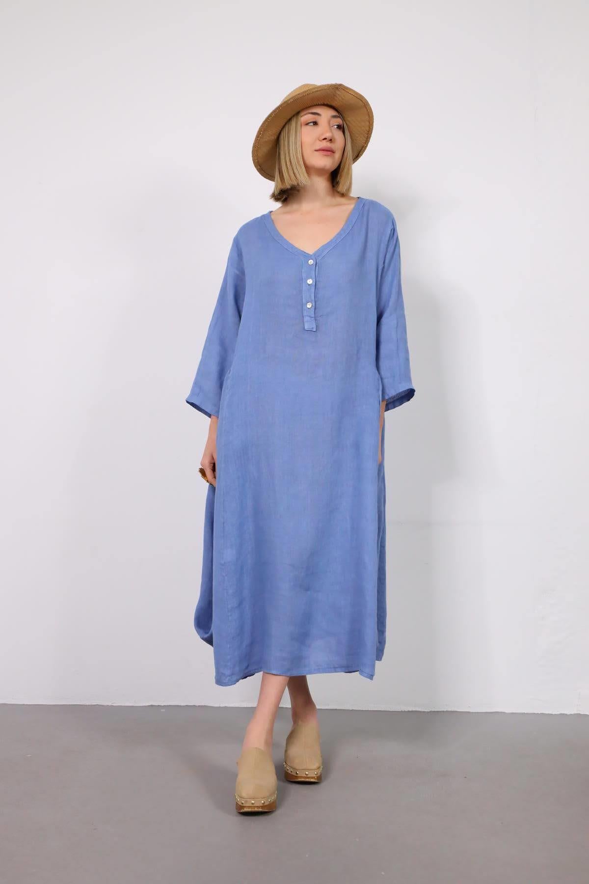 İndigo Mavi Yakası Düğmeli Büzgülü Torba Cep Elbise - Şaman Butik İndigo Mavi Yakası Düğmeli Büzgülü Torba Cep Elbise