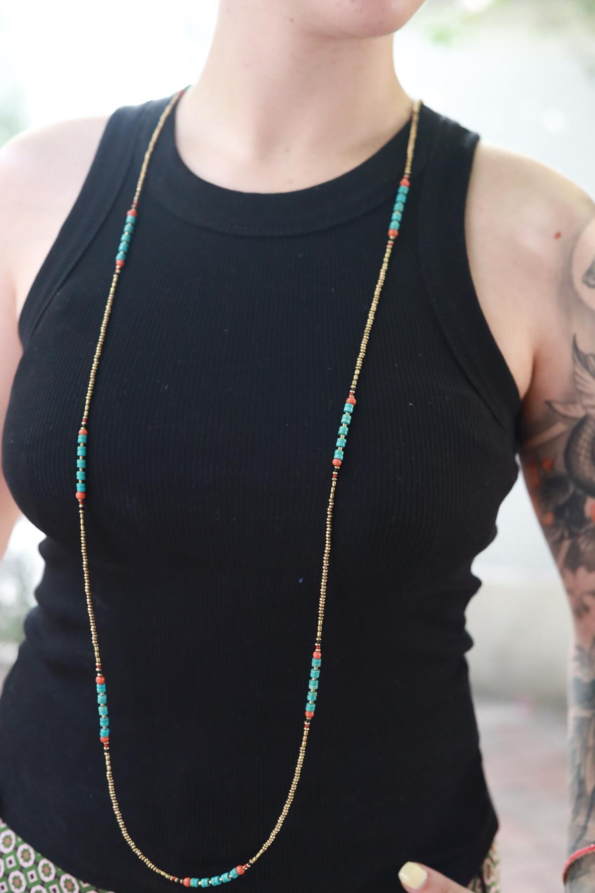 Bronz Uzun Turkuaz Detaylı Kolye