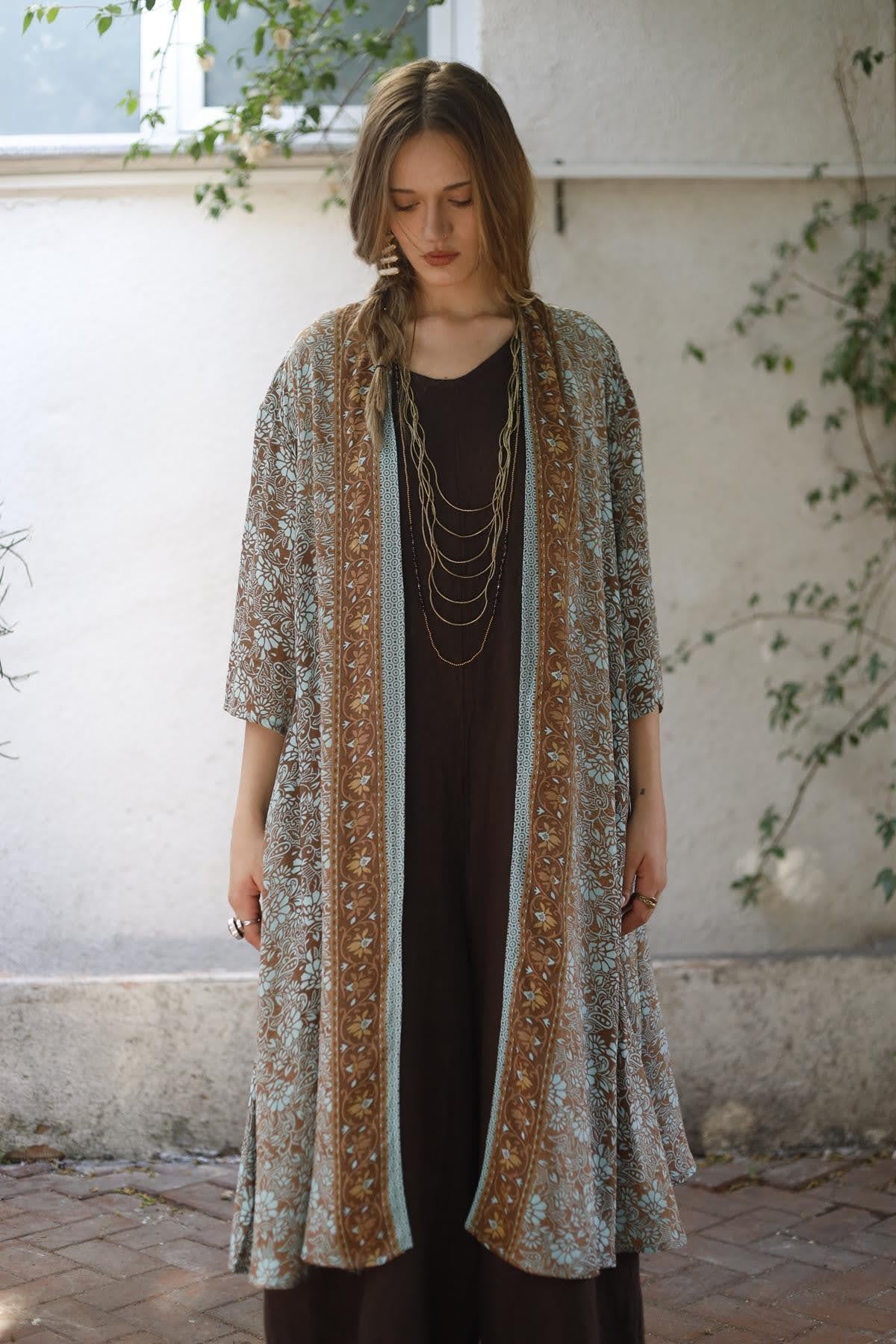 Turkuaz Desenli Uzun İpek Kaftan