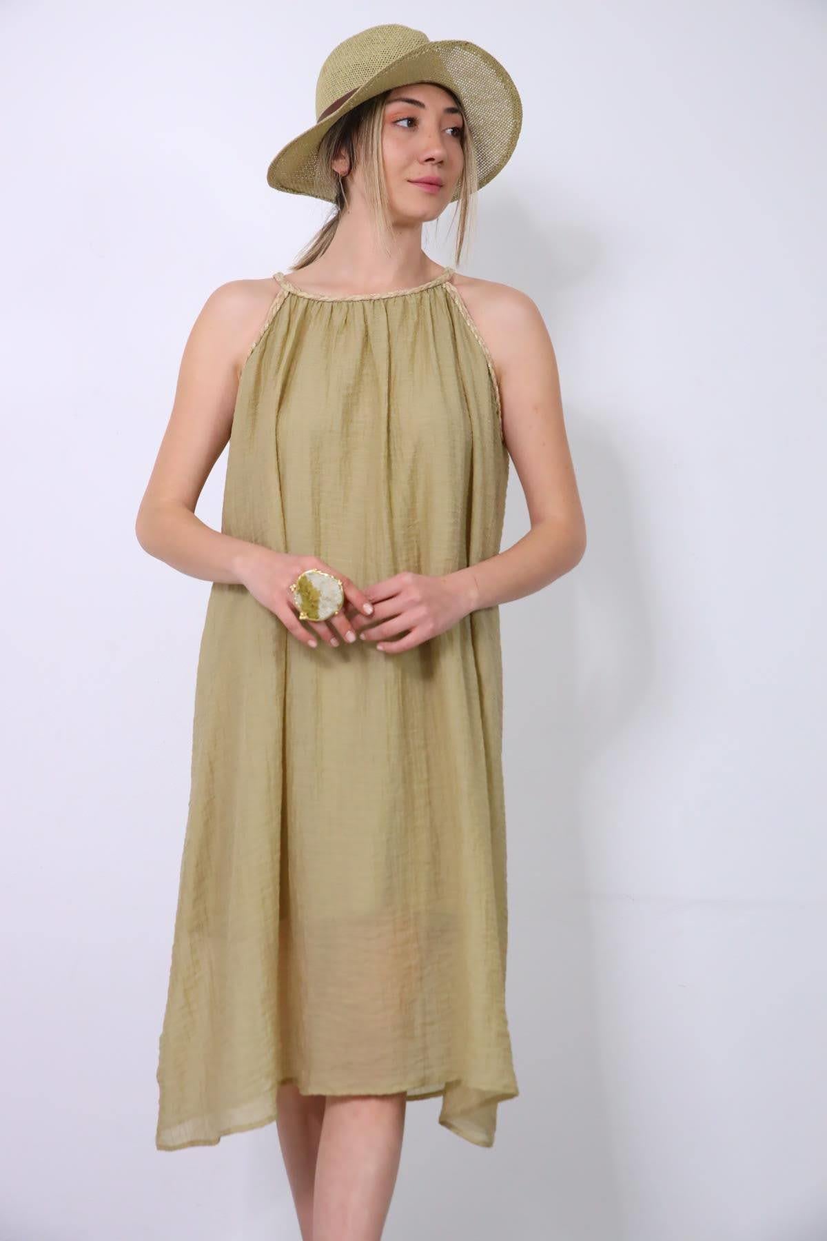 Fıstık Yeşili Örgü Halter Yaka Salaş Elbise - Şaman Butik Fıstık Yeşili Örgü Halter Yaka Salaş Elbise