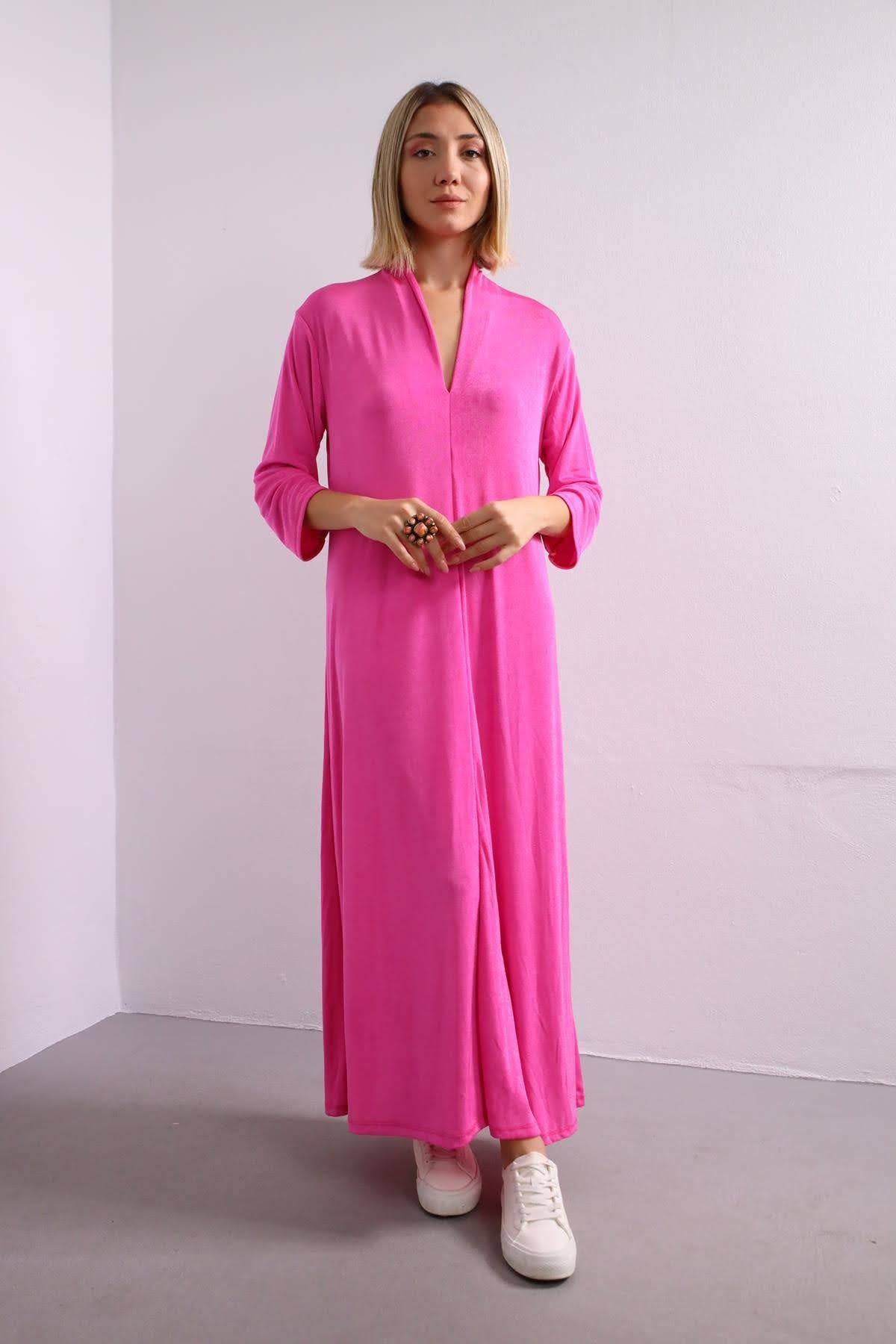 Pembe V Yaka Önü Dikişli Elbise - Şaman Butik Pembe V Yaka Önü Dikişli Elbise