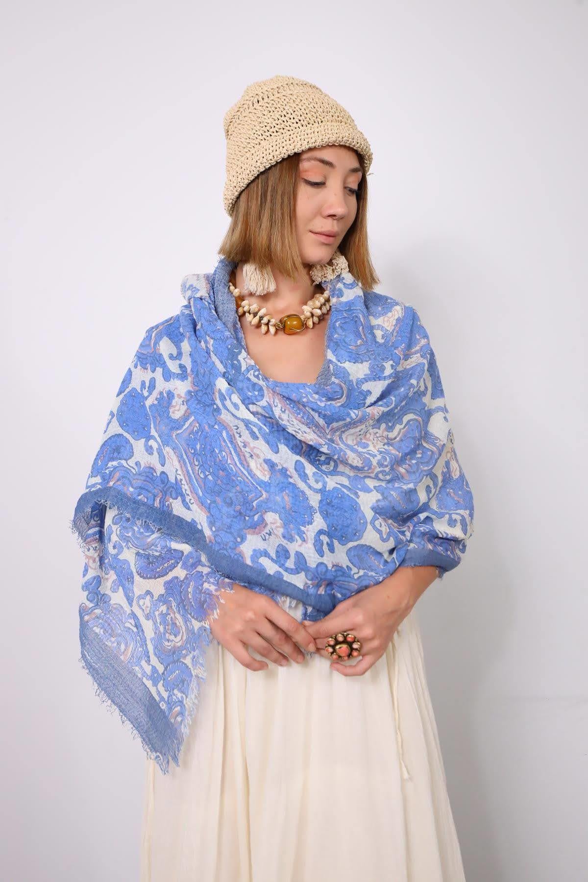  İndigo Mavi Desenli Saçaklı Şal