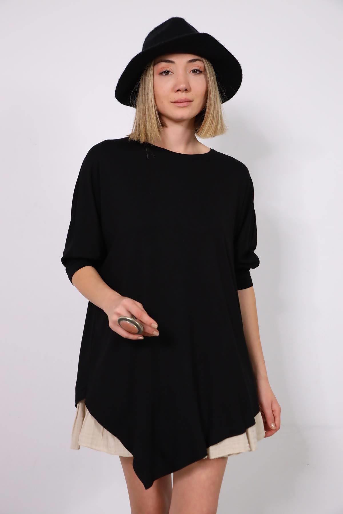  Siyah Bisiklet Yaka Asimetrik Tunik