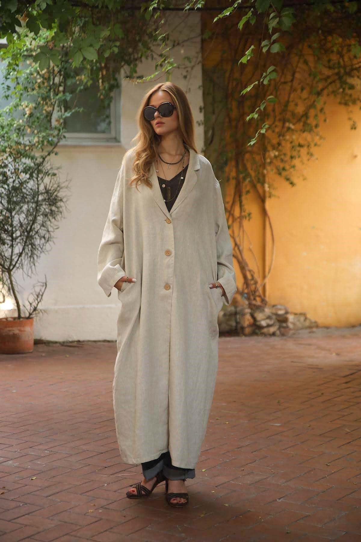 Krem Rengi Blazer Yaka Düğmeli Keten Kaftan